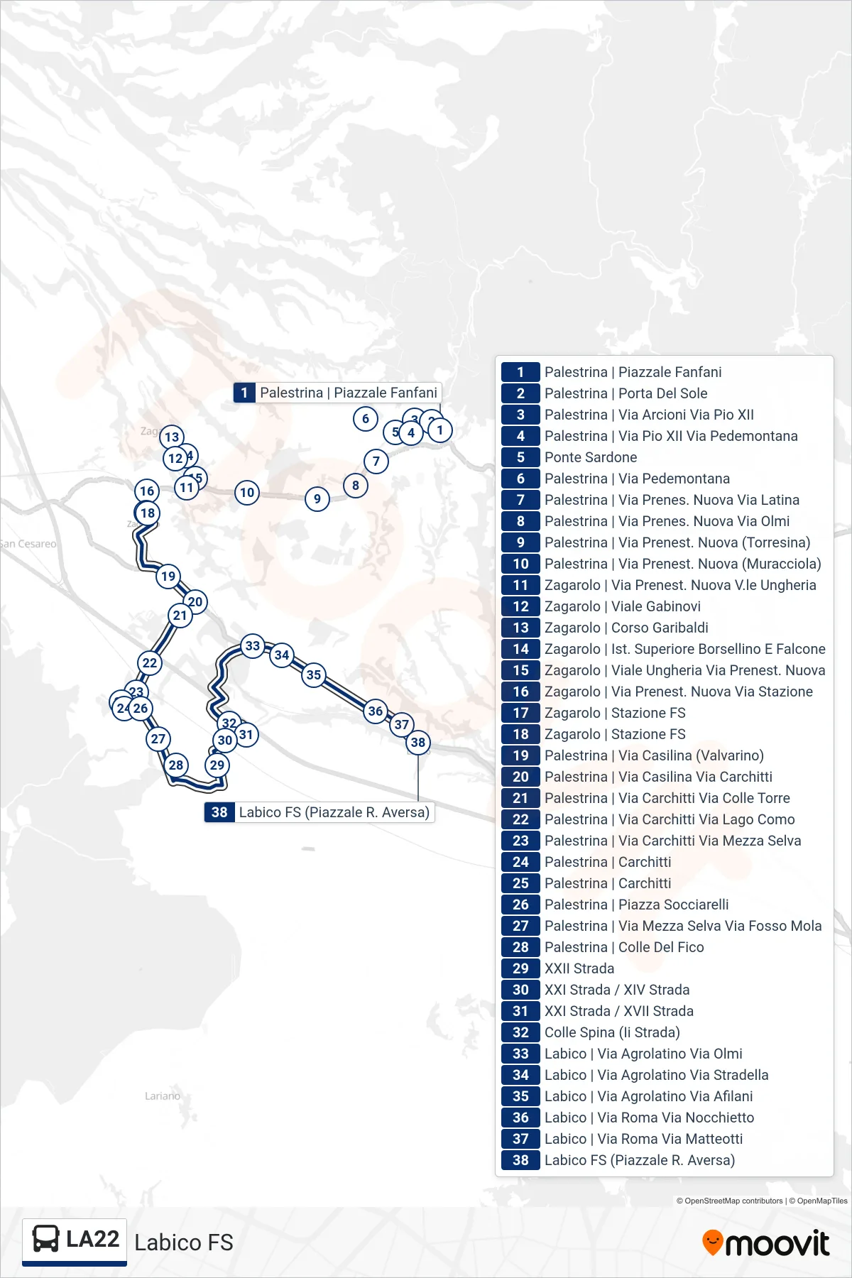 Linea LA22 bus (Labico FS) - Percorsi e fermate sulla mappa