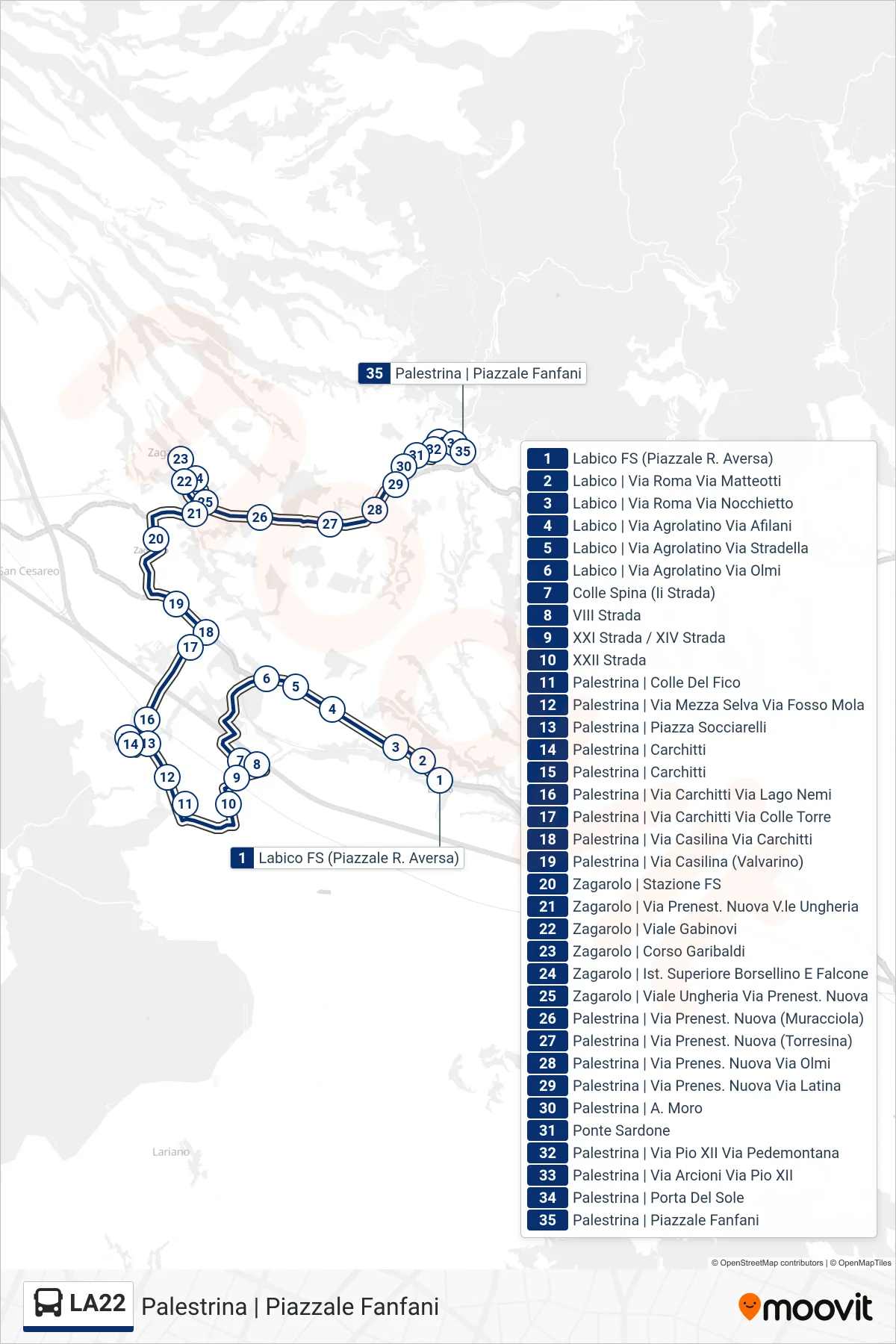 Linea LA22 bus (Palestrina | Piazzale Fanfani) - Percorsi e fermate sulla mappa
