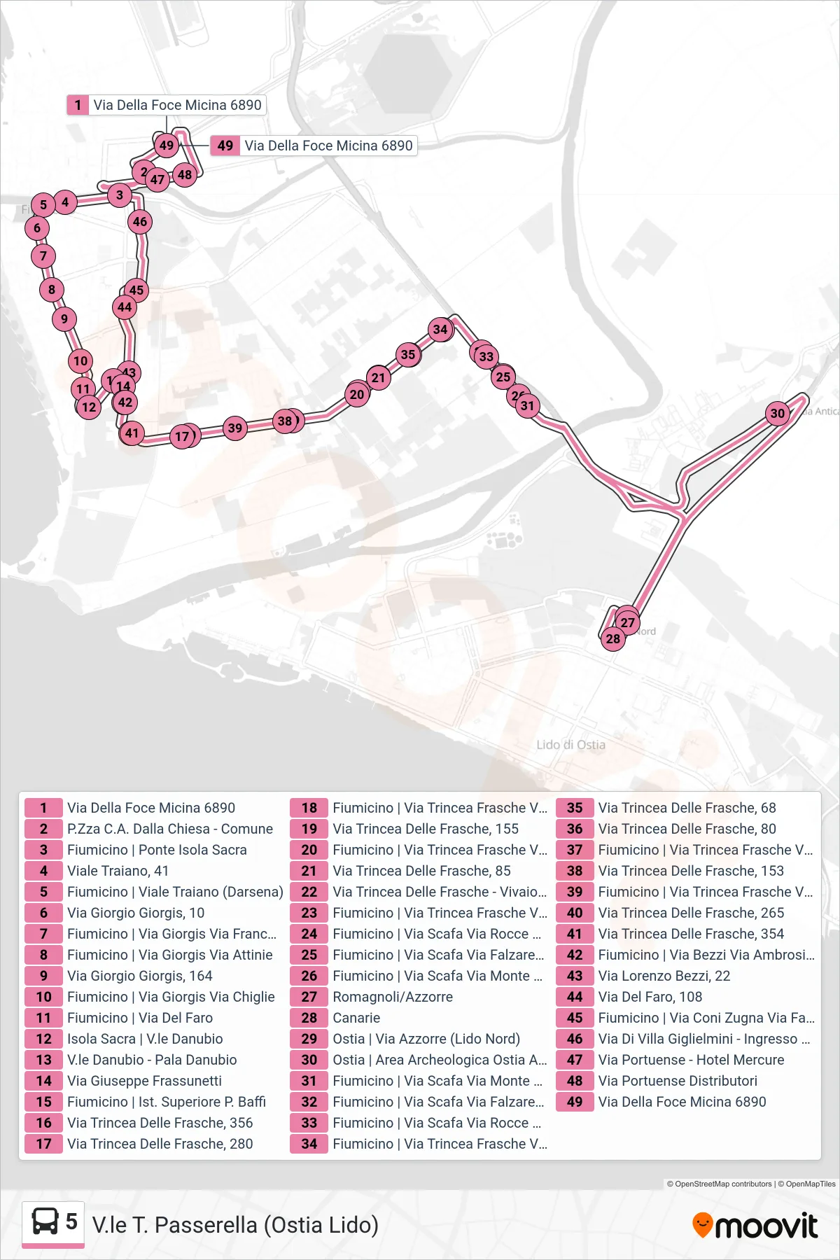 Linea 5 bus (V.le T. Passerella (Ostia Lido)) - Percorsi e fermate sulla mappa