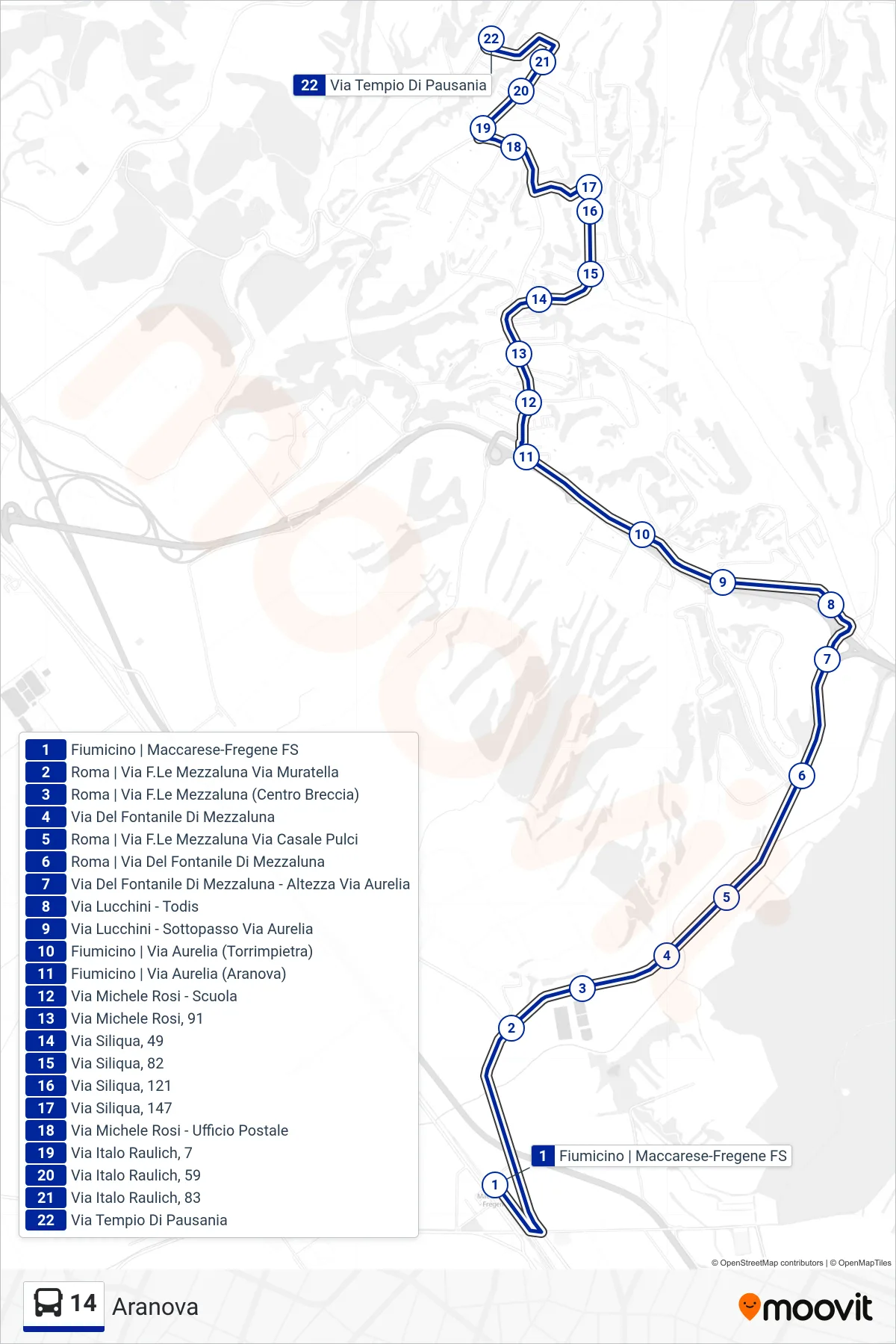 Linea 14 bus (Aranova) - Percorsi e fermate sulla mappa