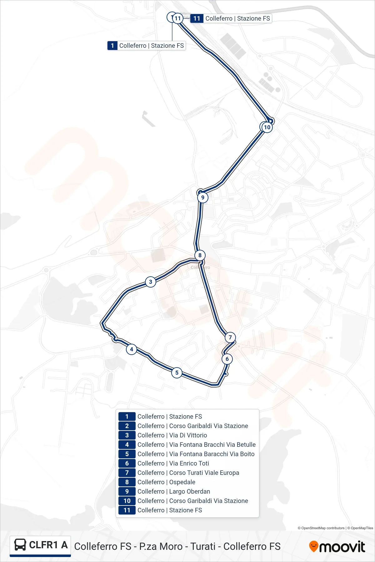 Linea CLFR1 A  bus (Colleferro FS - P.za Moro - Turati - Colleferro FS) - Percorsi e fermate sulla mappa
