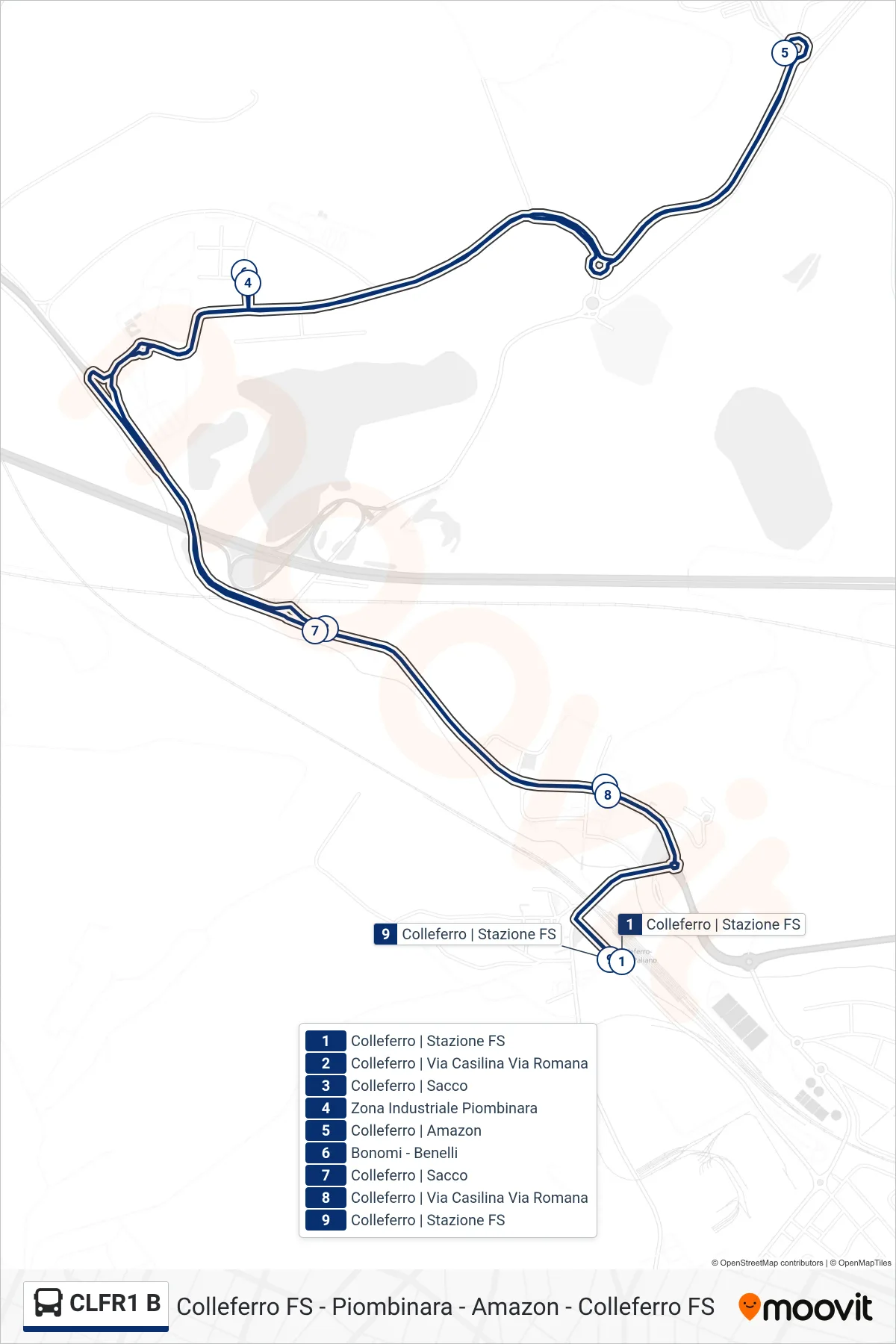 CLFR1 B bus Line (Colleferro FS - Piombinara - Amazon - Colleferro FS) route and stops on a map