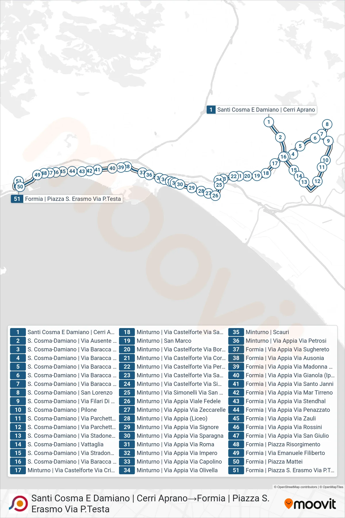 Linea COTRAL bus (Santi Cosma E Damiano | Cerri Aprano→Formia | Piazza S. Erasmo Via P.Testa) - Percorsi e fermate sulla mappa