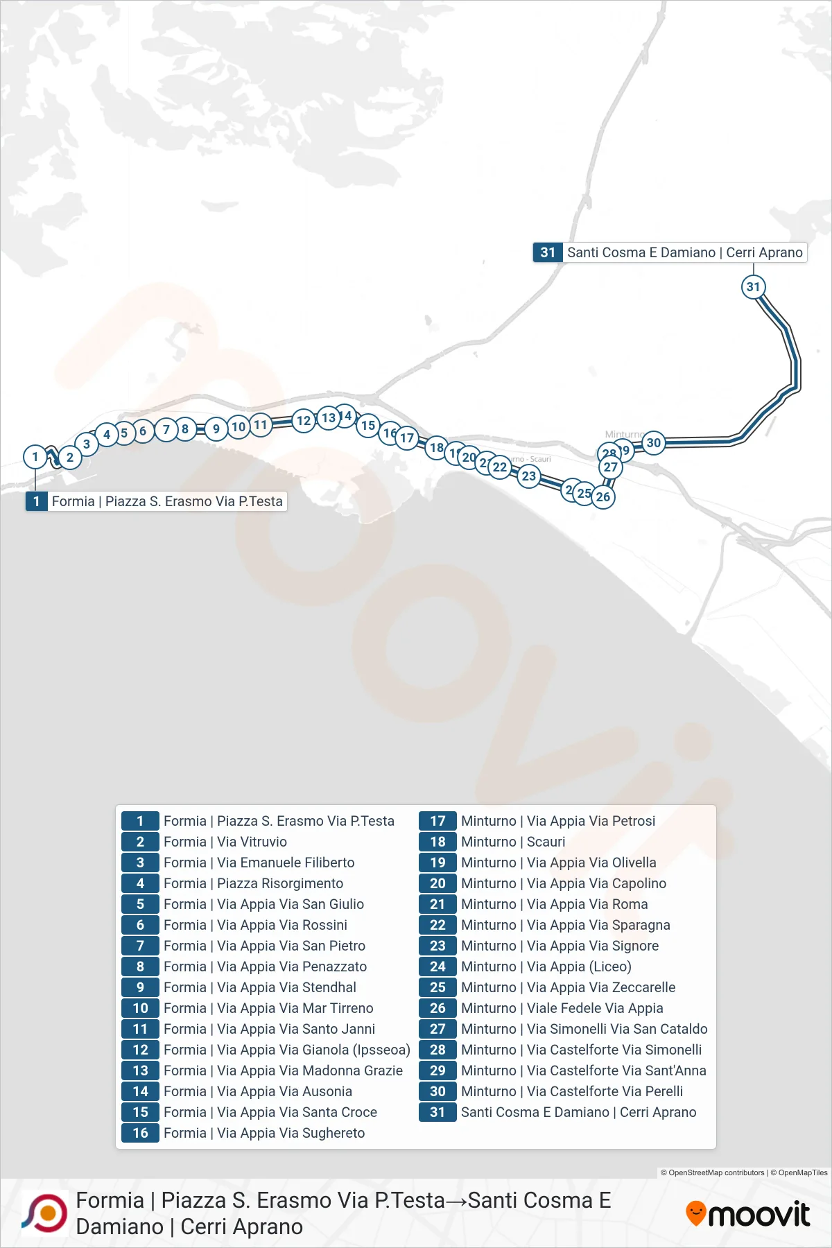 Linea COTRAL  bus (Formia | Piazza S. Erasmo Via P.Testa‎→Santi Cosma E Damiano | Cerri Aprano) - Percorsi e fermate sulla mappa