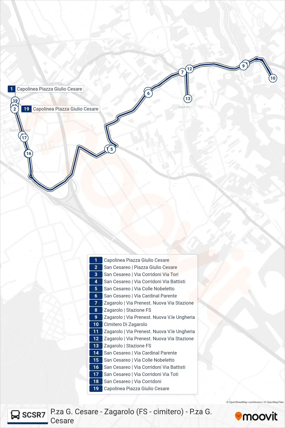 Linea SCSR7 bus (P.za G. Cesare - Zagarolo (FS - cimitero) - P.za G. Cesare) - Percorsi e fermate sulla mappa