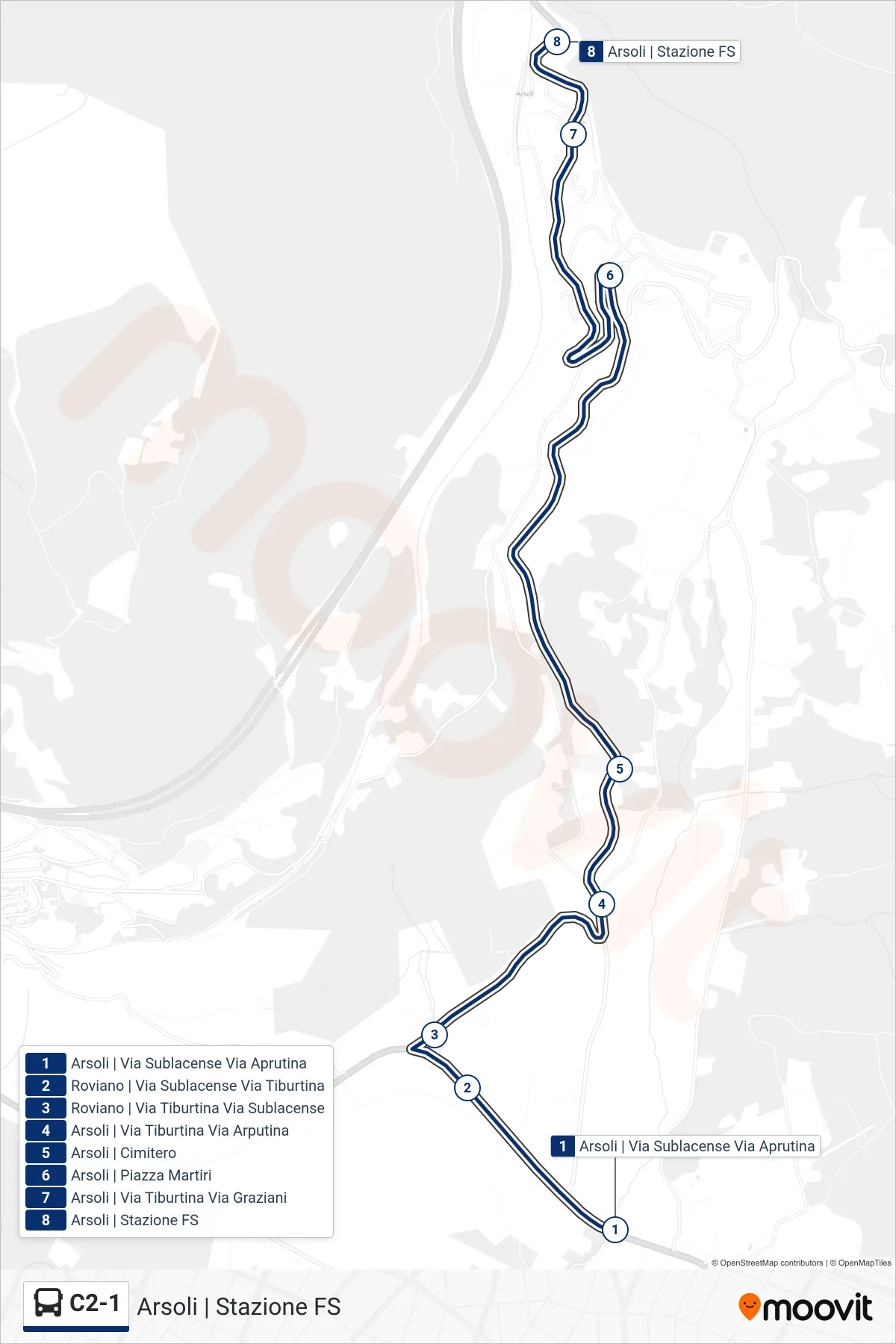 Linea C2-1 bus (Arsoli | Stazione FS) - Percorsi e fermate sulla mappa