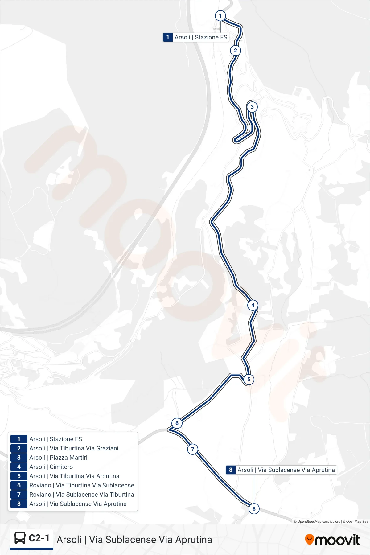 Linea C2-1 bus (Arsoli | Via Sublacense Via Aprutina) - Percorsi e fermate sulla mappa