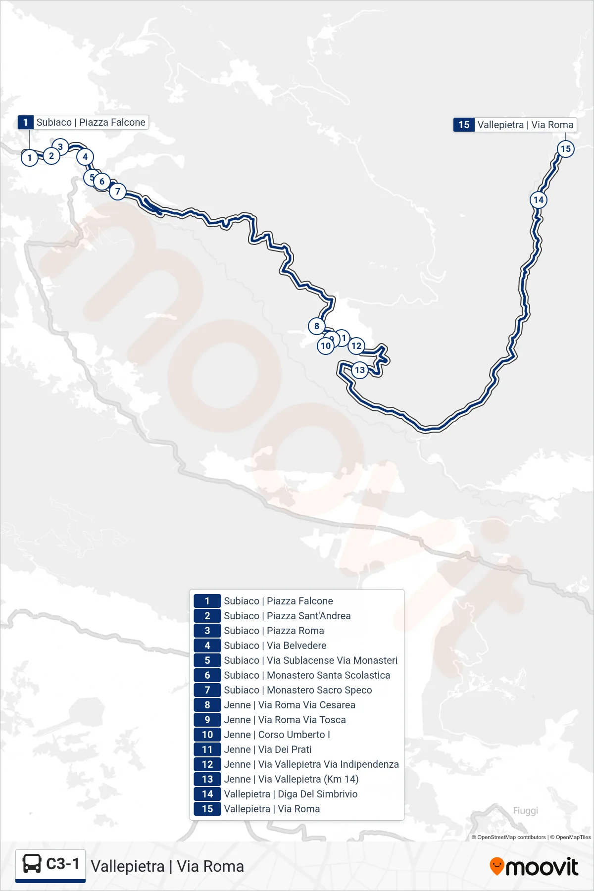 Linea C3-1 bus (Vallepietra | Via Roma) - Percorsi e fermate sulla mappa