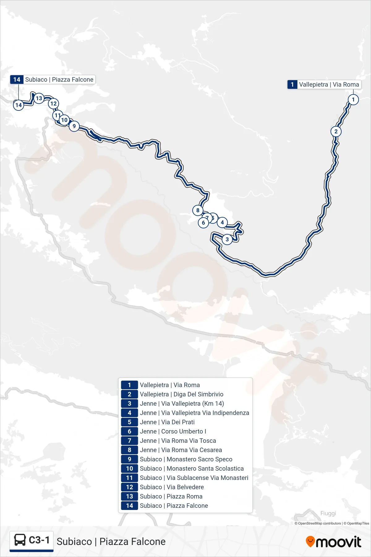 Linea C3-1 bus (Subiaco | Piazza Falcone) - Percorsi e fermate sulla mappa