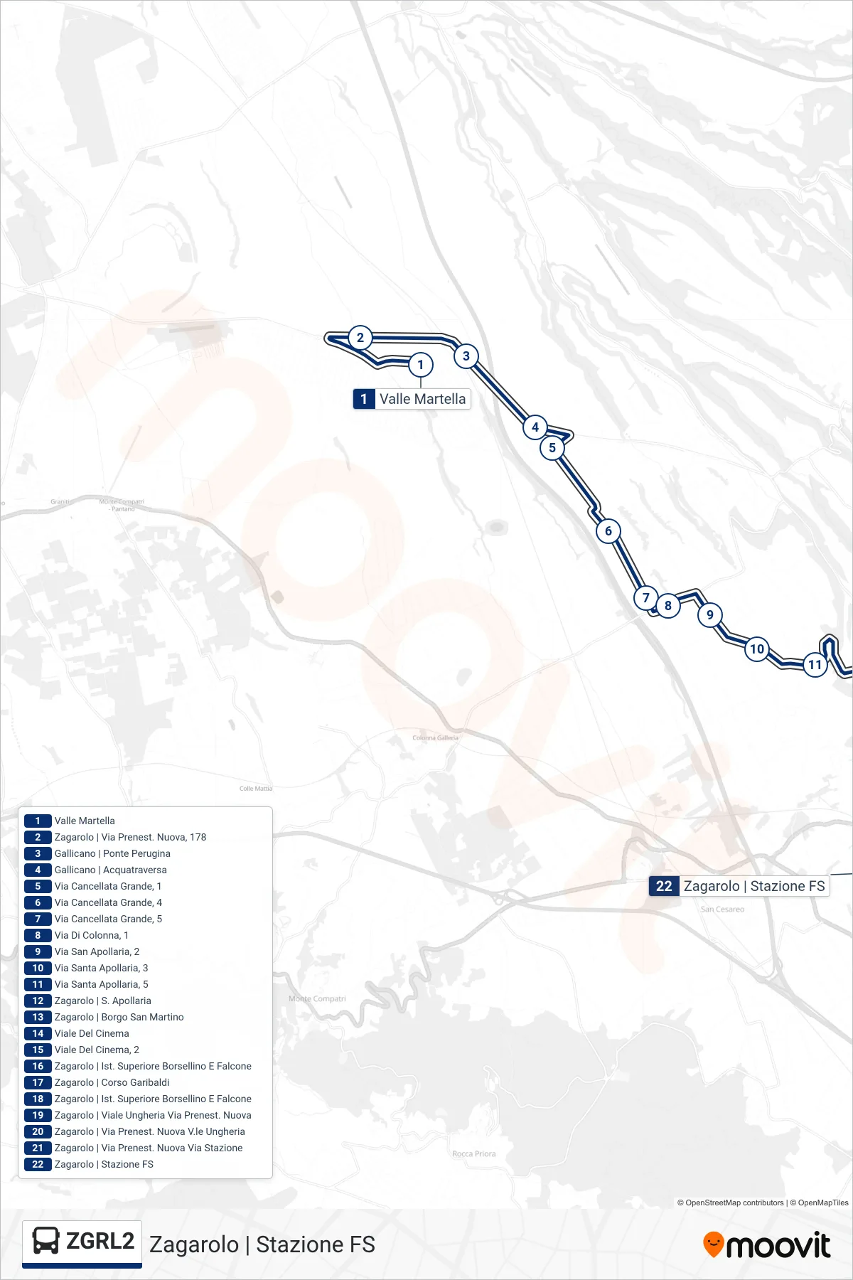 Linea ZGRL2  bus (Zagarolo | Stazione FS) - Percorsi e fermate sulla mappa