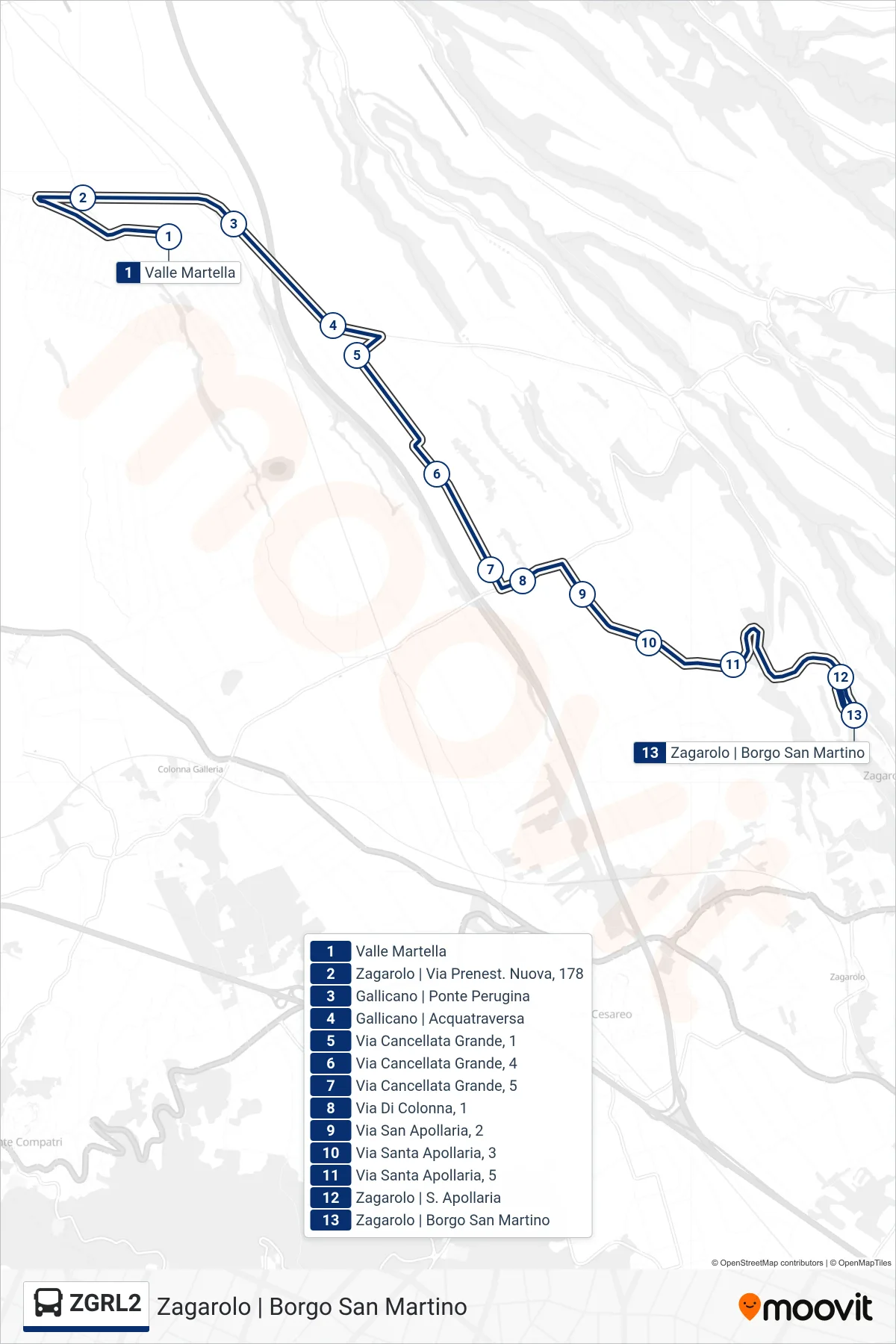 Linea ZGRL2  bus (Zagarolo | Borgo San Martino) - Percorsi e fermate sulla mappa
