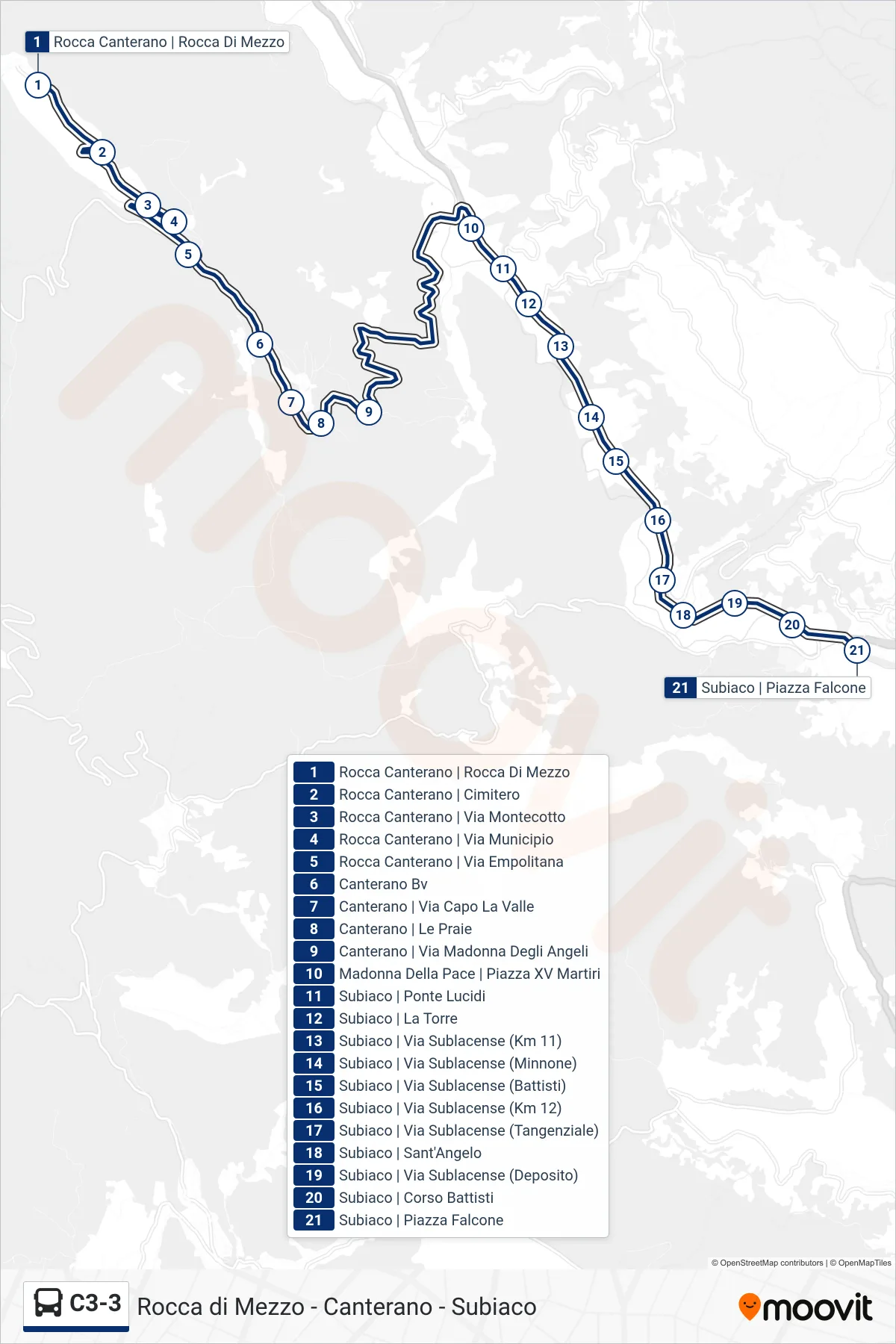 Linea C3-3 bus (Subiaco | Piazza Falcone) - Percorsi e fermate sulla mappa