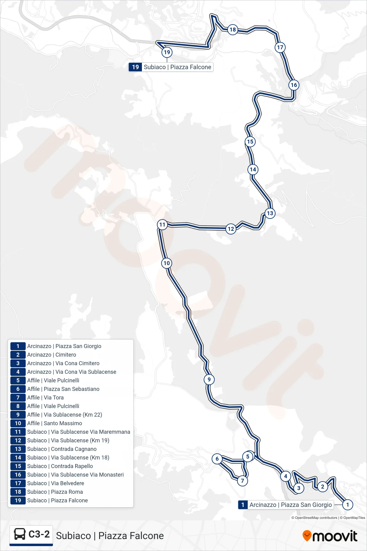 Linea C3-2 bus (Subiaco | Piazza Falcone) - Percorsi e fermate sulla mappa