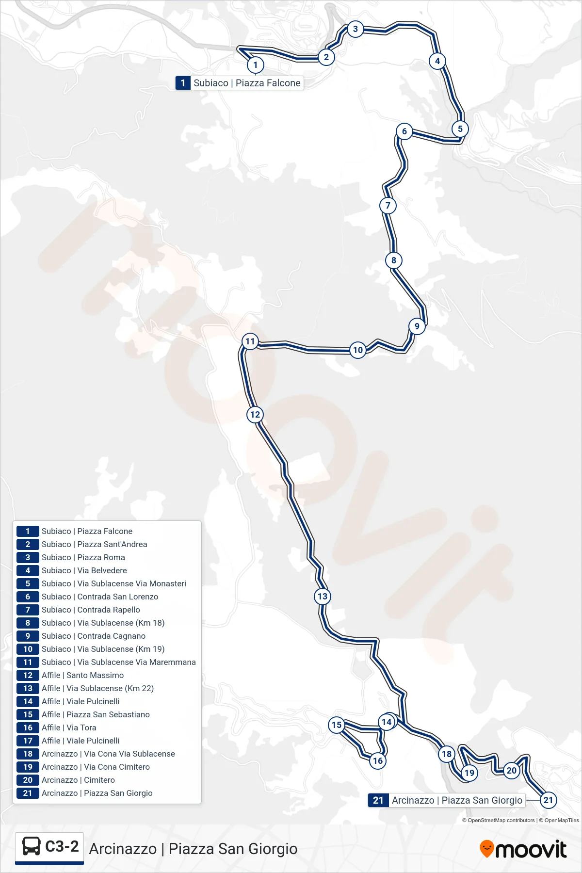 C3-2 bus Line (Arcinazzo | San Giorgio Square) route and stops on a map