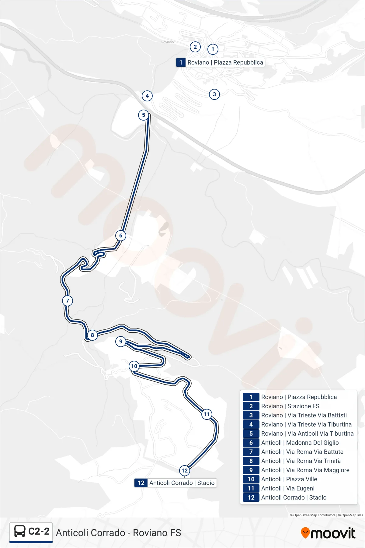 Linea C2-2 bus (Anticoli Corrado | Stadio) - Percorsi e fermate sulla mappa