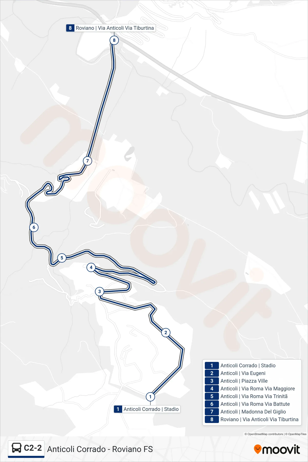 Linea C2-2 bus (Roviano | Via Anticoli Via Tiburtina) - Percorsi e fermate sulla mappa