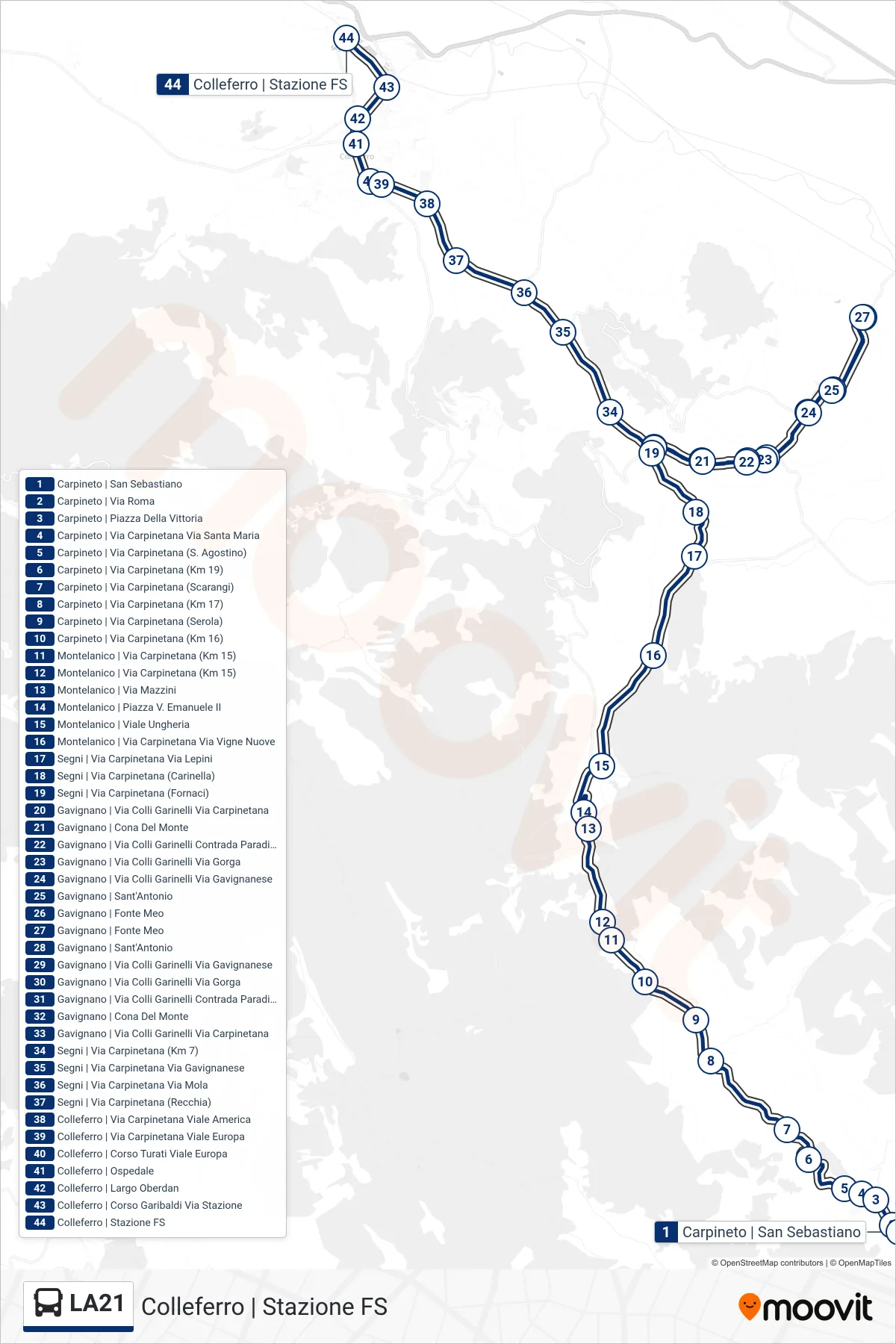 Linea LA21  bus (Colleferro | Stazione FS) - Percorsi e fermate sulla mappa