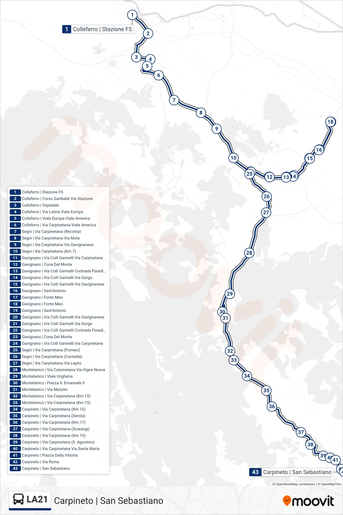 Linea LA21 bus (Carpineto | San Sebastiano) - Percorsi e fermate sulla mappa
