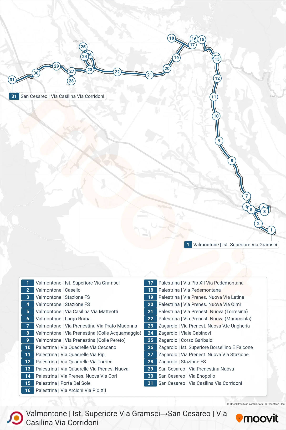Linea COTRAL bus (Valmontone | Ist. Superiore Via Gramsci→San Cesareo | Via Casilina Via Corridoni) - Percorsi e fermate sulla mappa