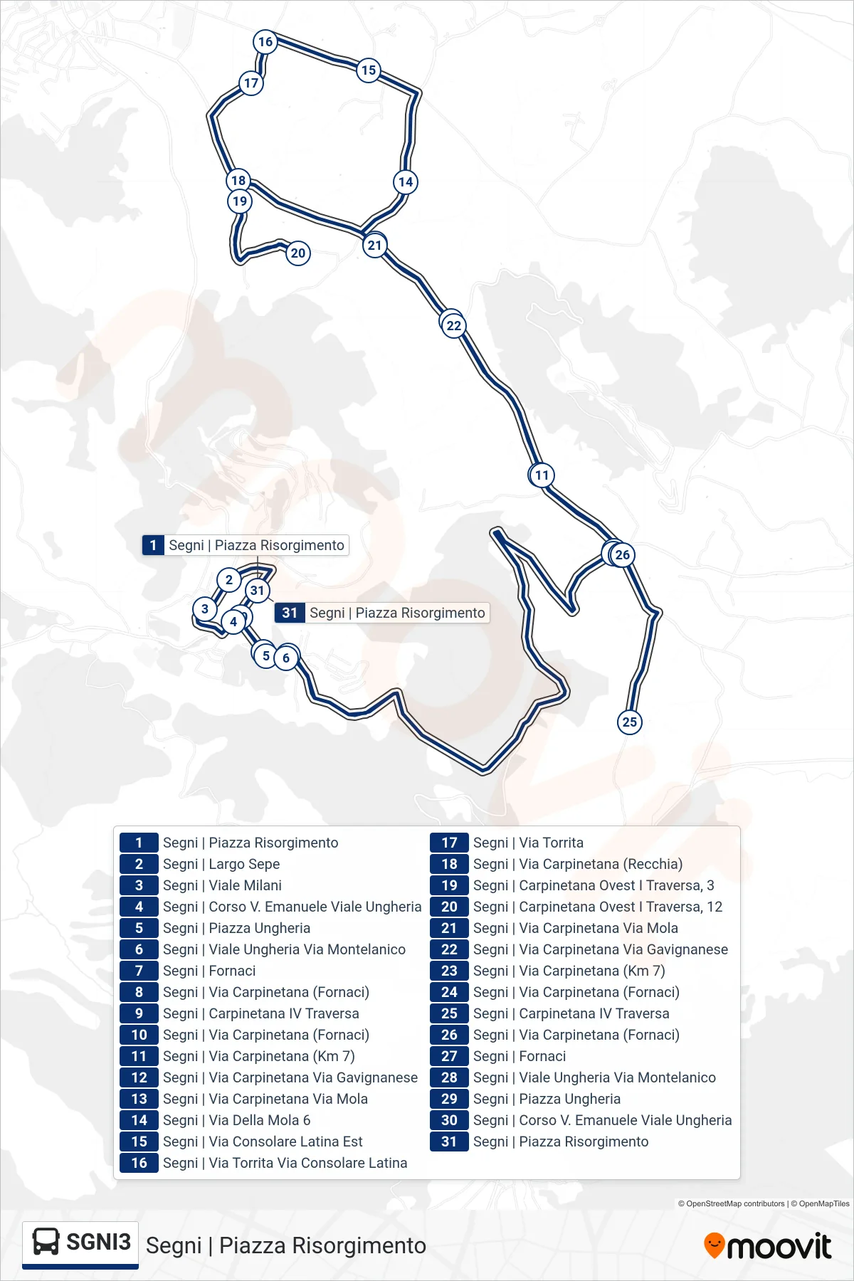 Linea SGNI3 bus (Segni | Piazza Risorgimento) - Percorsi e fermate sulla mappa