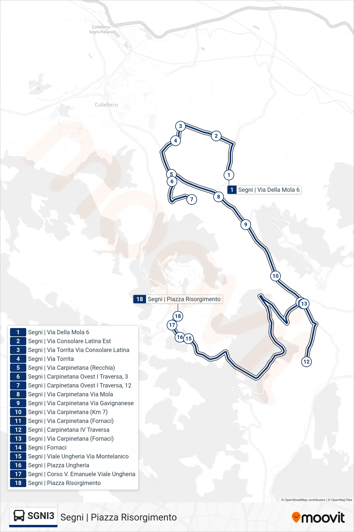 Linea SGNI3 bus (Segni | Piazza Risorgimento) - Percorsi e fermate sulla mappa
