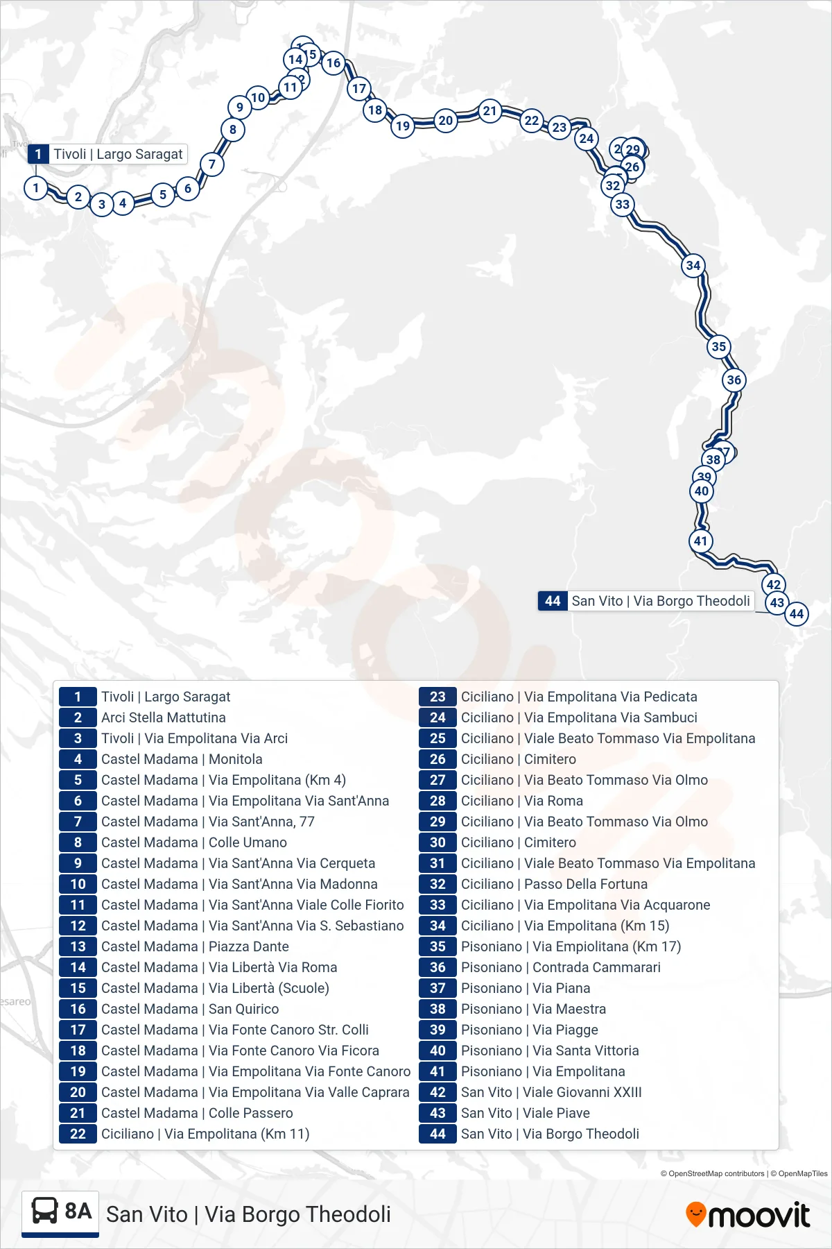 Linea 8A bus (San Vito | Via Borgo Theodoli) - Percorsi e fermate sulla mappa