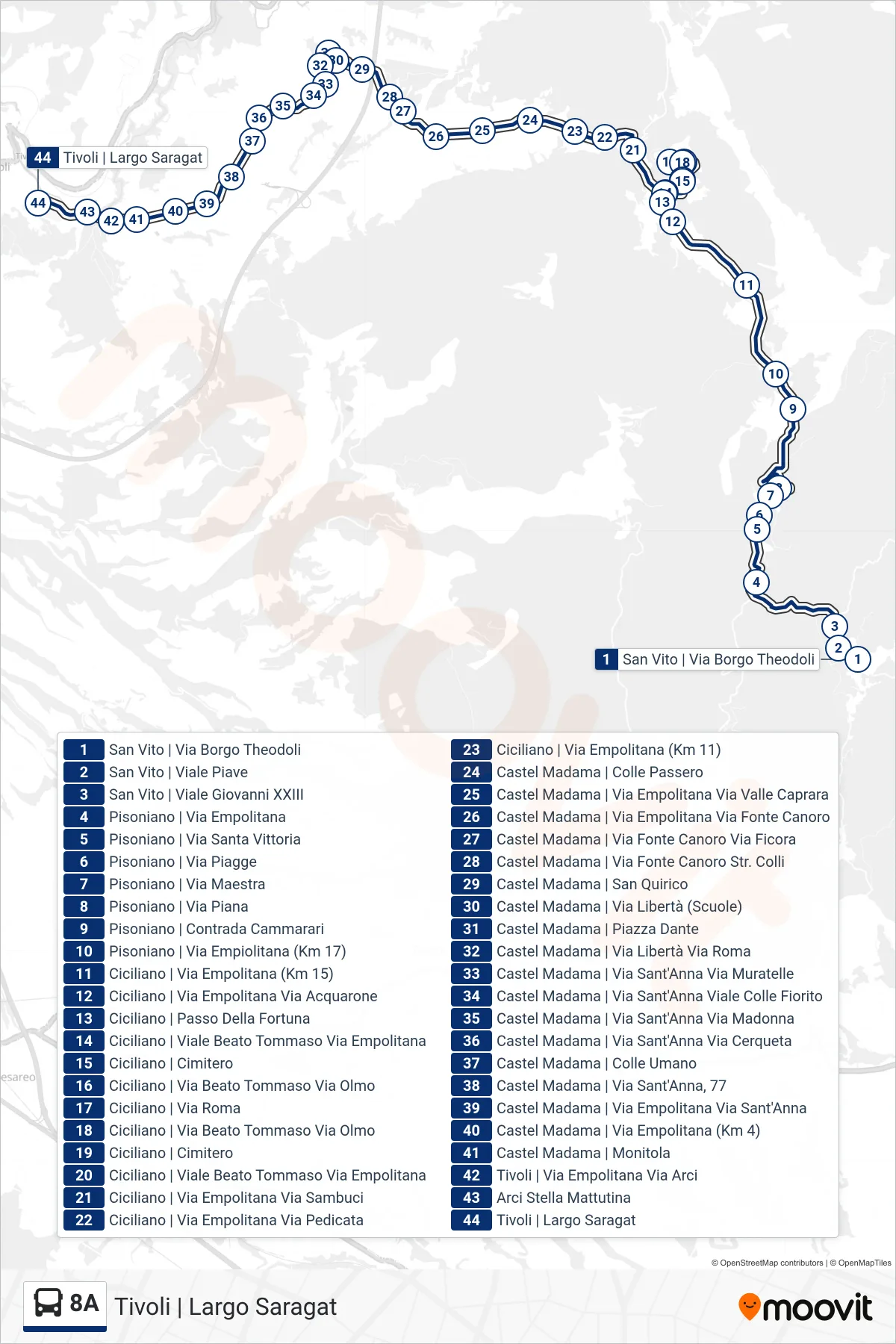 Linea 8A bus (Tivoli | Largo Saragat) - Percorsi e fermate sulla mappa
