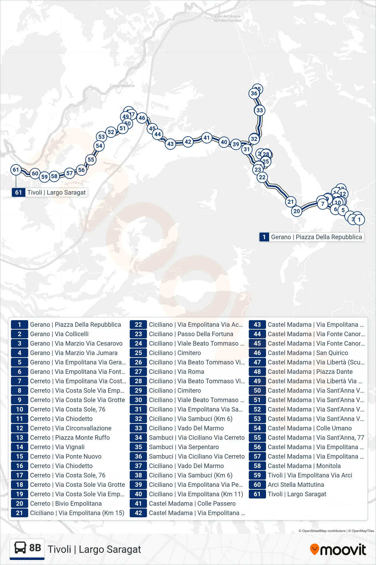 Linea 8B bus (Tivoli | Largo Saragat) - Percorsi e fermate sulla mappa