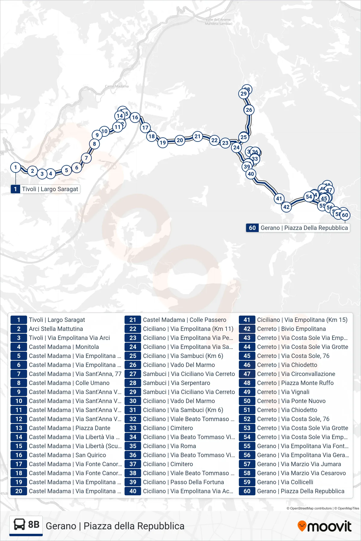 Linea 8B bus (Gerano | Piazza della Repubblica) - Percorsi e fermate sulla mappa