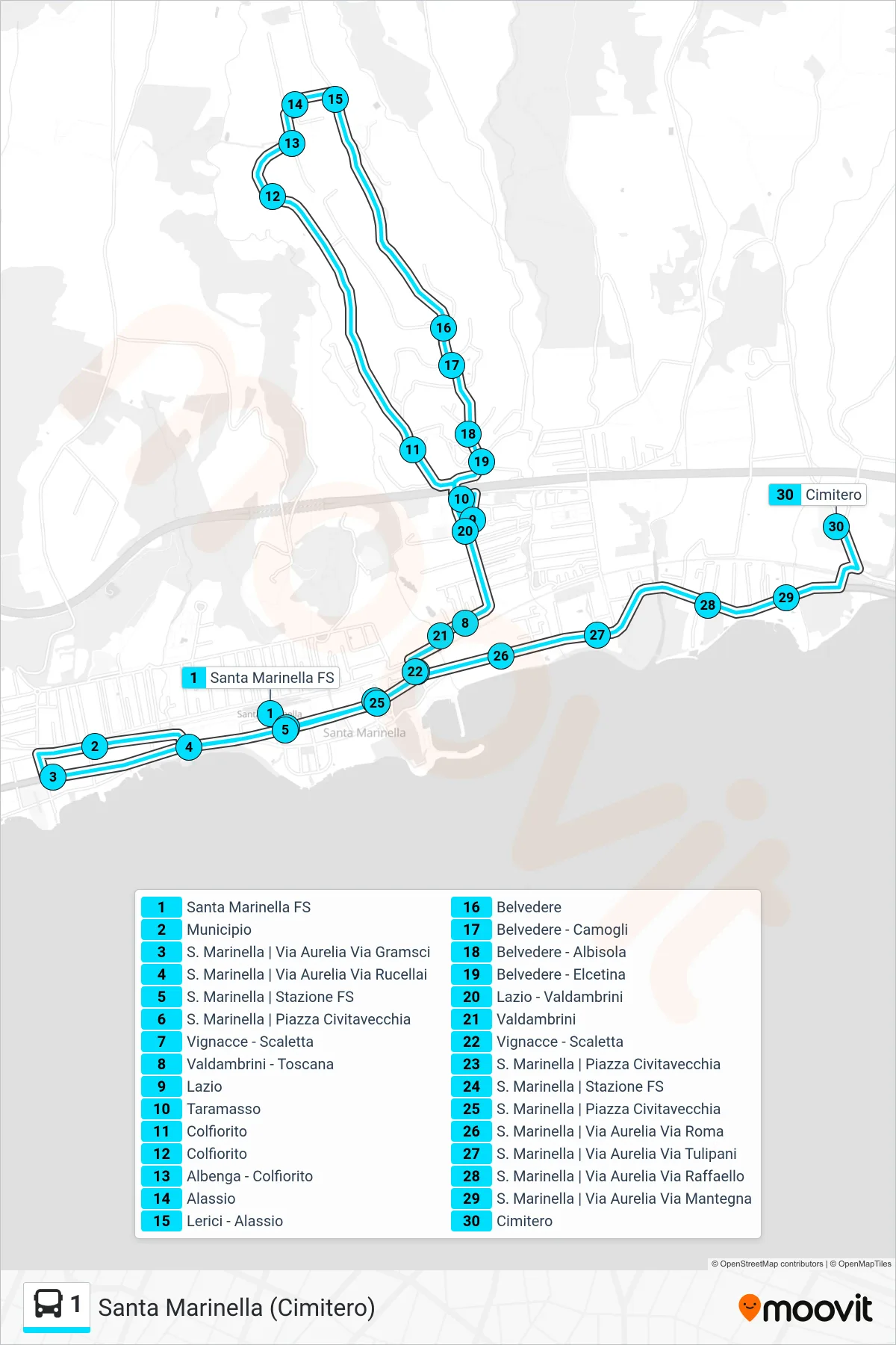 1 tram Line (Santa Marinella (Cimitero)) route and stops on a map
