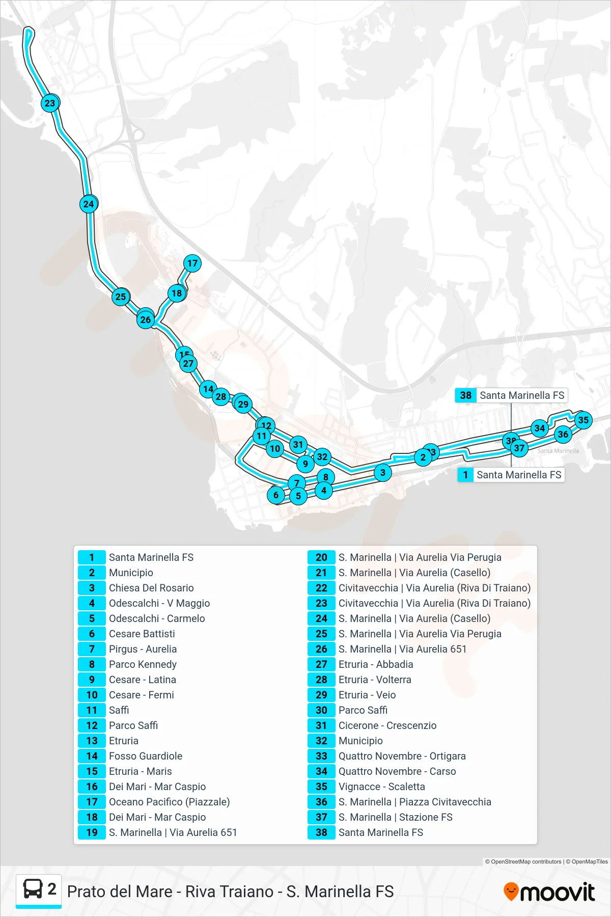 Linea 2 tram (Prato del Mare - Riva Traiano - S. Marinella FS) - Percorsi e fermate sulla mappa
