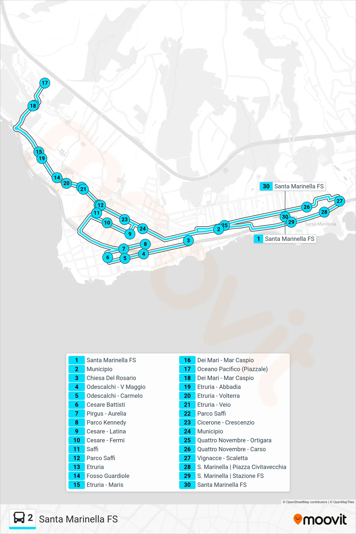 Linea 2 tram (Santa Marinella FS) - Percorsi e fermate sulla mappa