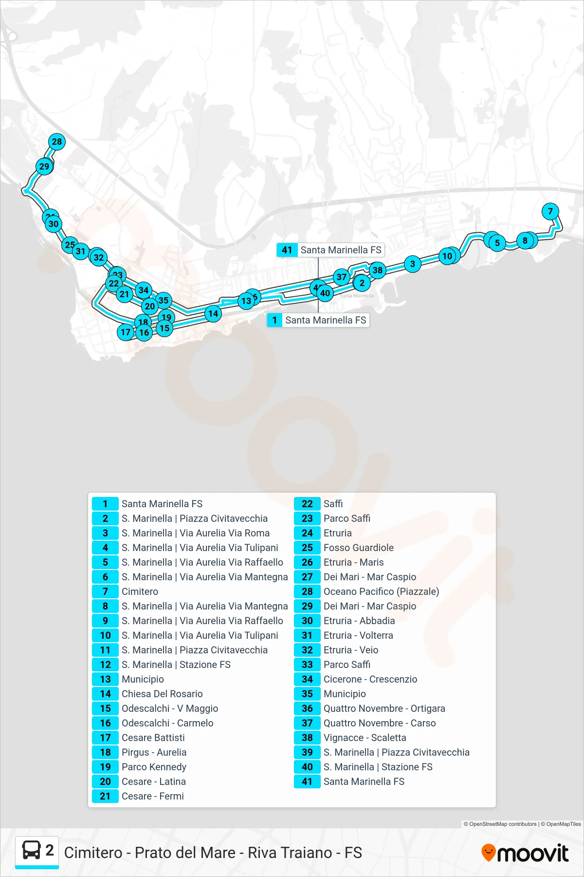 Linea 2 tram (Cimitero - Prato del Mare - Riva Traiano - FS) - Percorsi e fermate sulla mappa