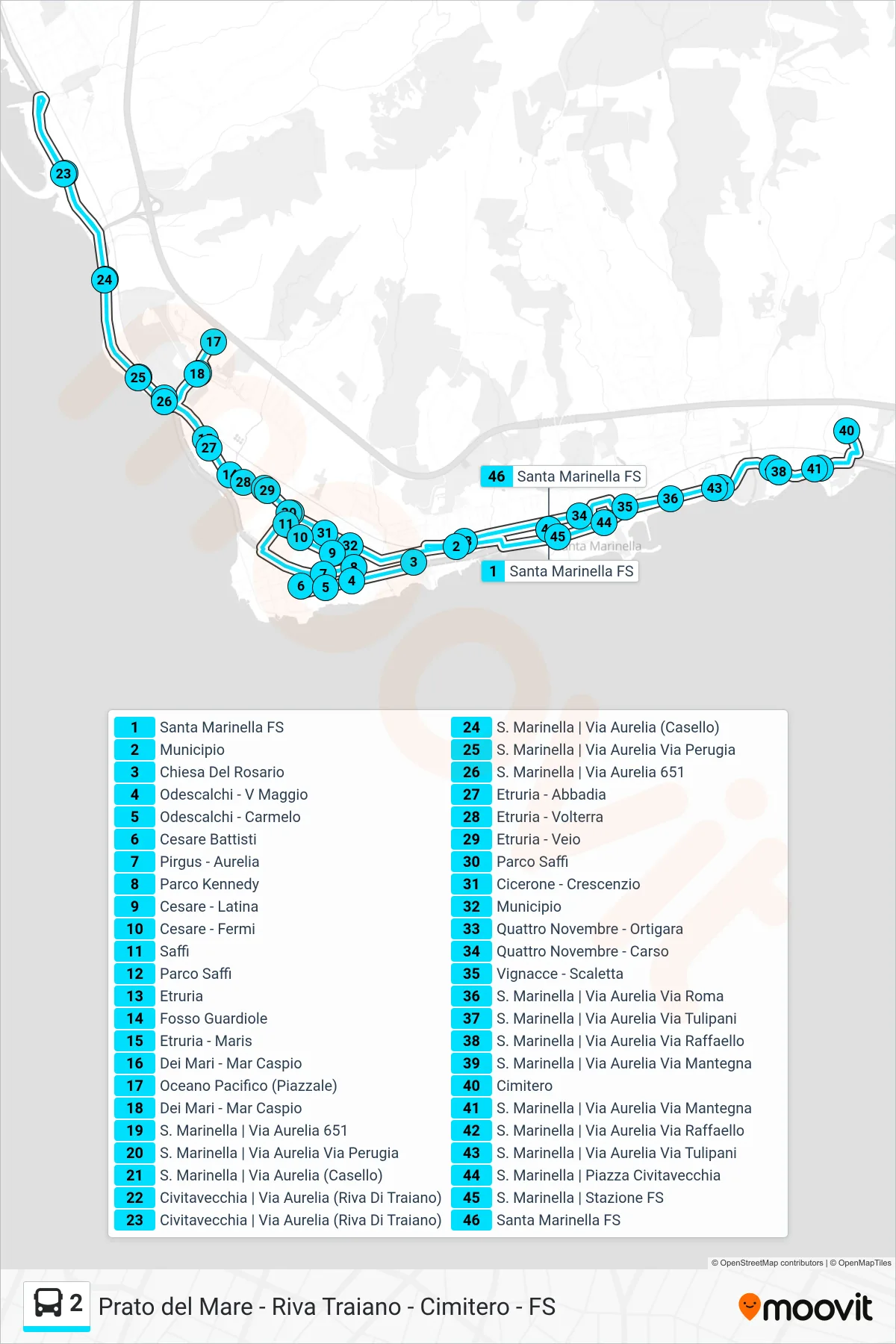 Linea 2 tram (Prato del Mare - Riva Traiano - Cimitero - FS) - Percorsi e fermate sulla mappa