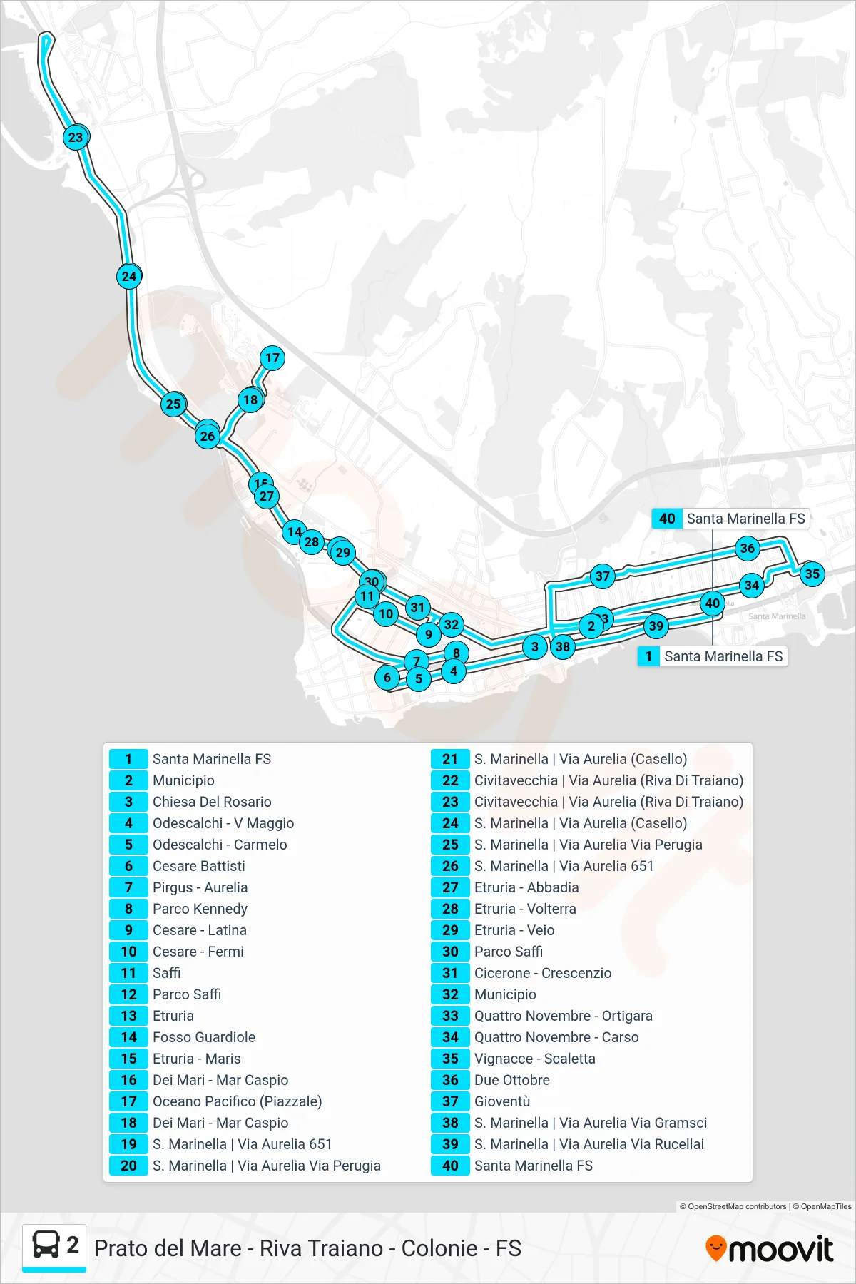 Linea 2 tram (Prato del Mare - Riva Traiano - Colonie - FS) - Percorsi e fermate sulla mappa