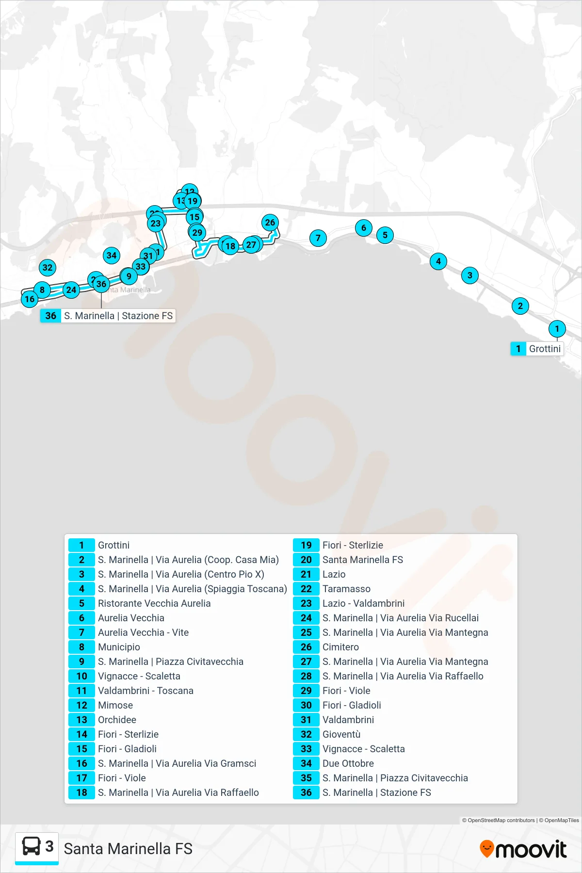 Linea 3 tram (Santa Marinella FS) - Percorsi e fermate sulla mappa