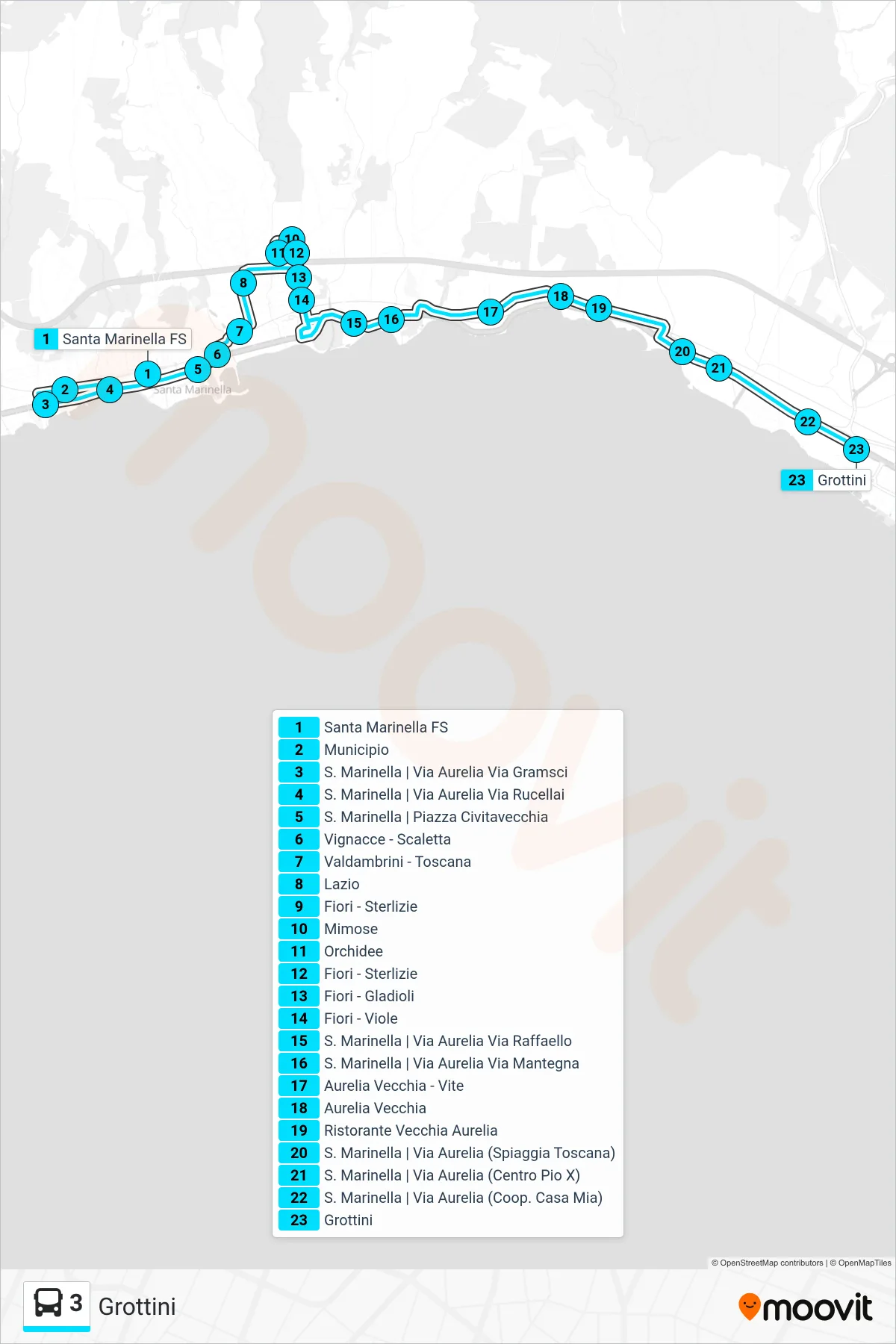 Linea 3 tram (Grottini) - Percorsi e fermate sulla mappa
