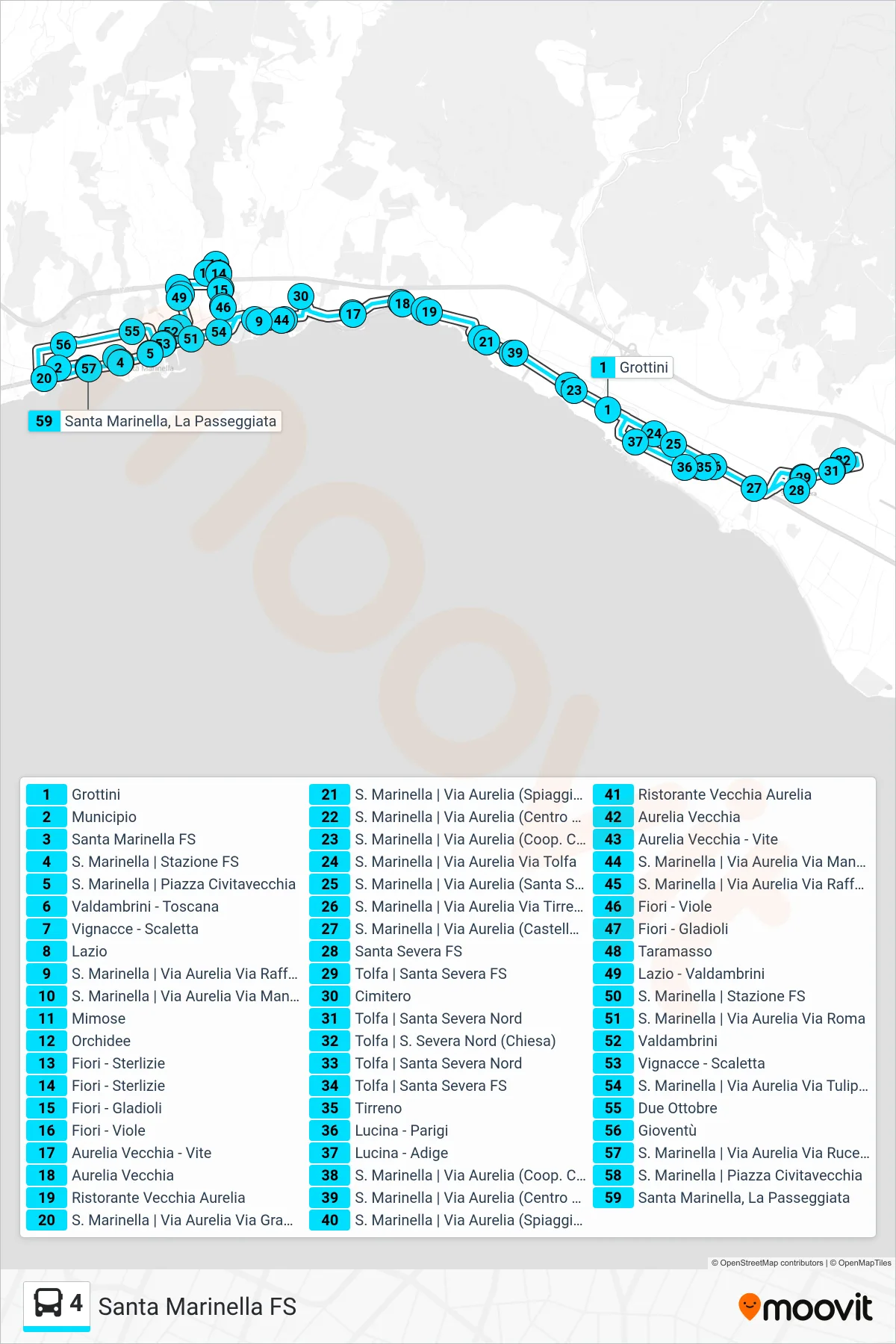 Linea 4 tram (Santa Marinella FS) - Percorsi e fermate sulla mappa