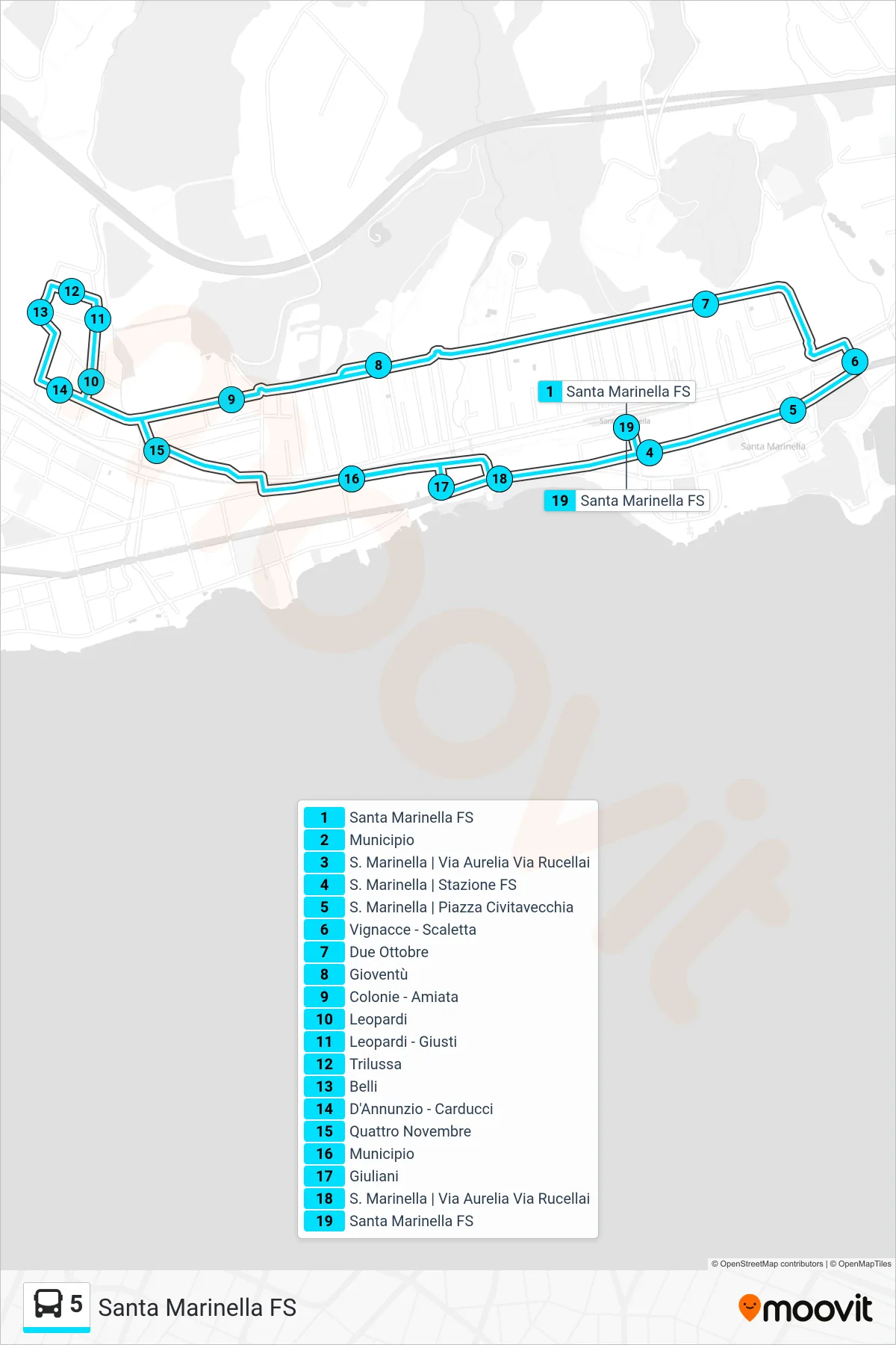 Linea 5 tram (Santa Marinella FS) - Percorsi e fermate sulla mappa