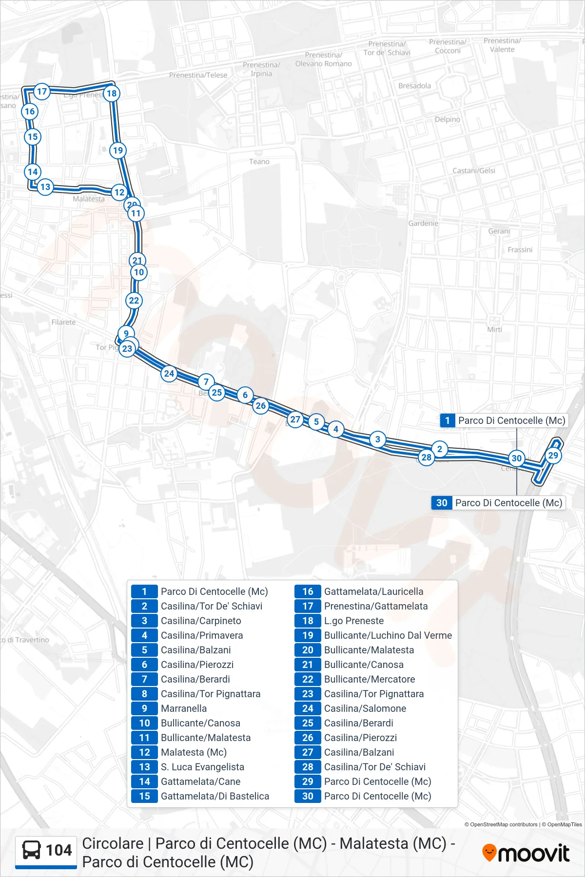 Linea 104 bus (Parco Di Centocelle (Mc)) - Percorsi e fermate sulla mappa