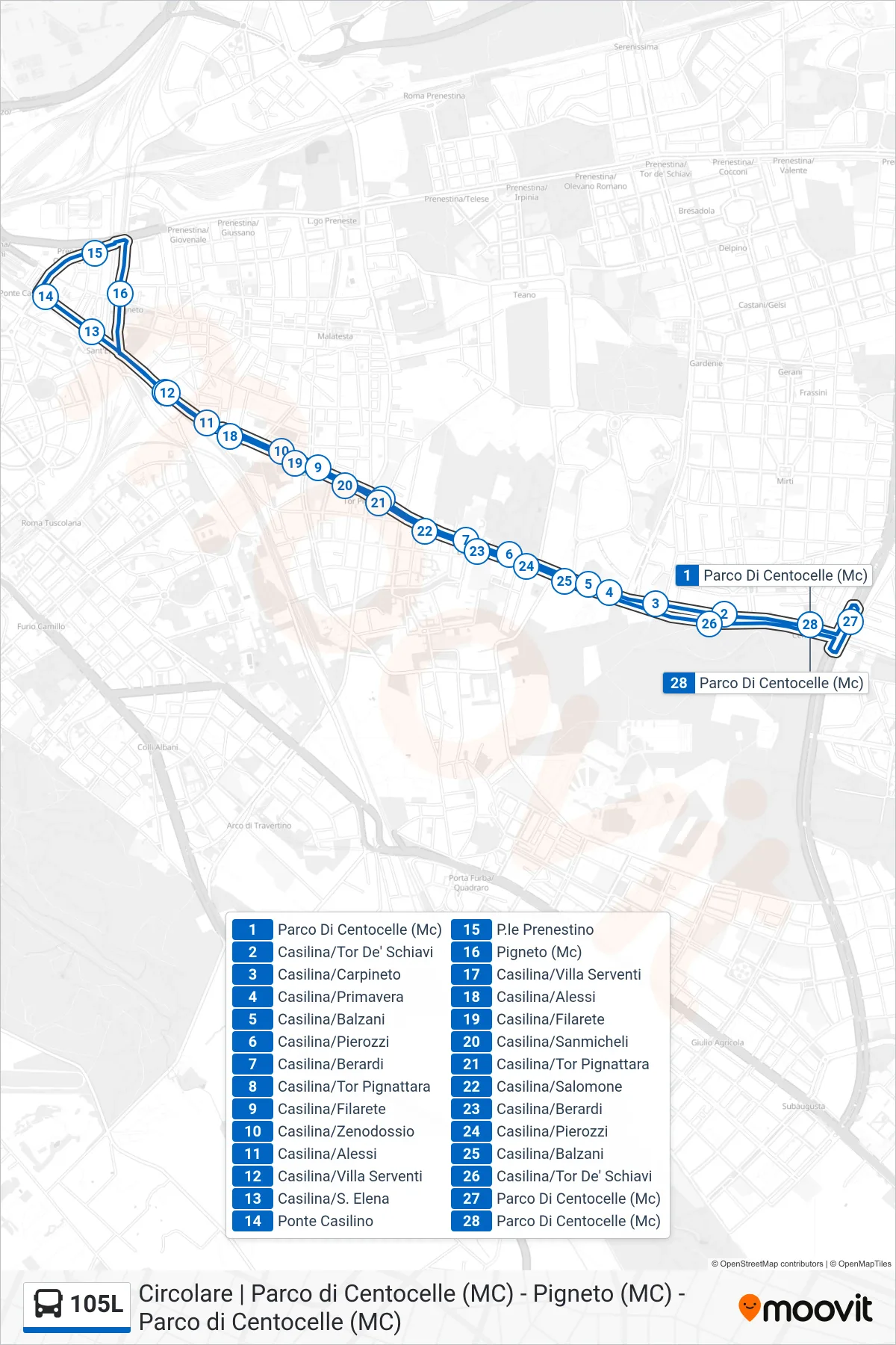 Linea 105L bus (Parco Di Centocelle (Mc)) - Percorsi e fermate sulla mappa