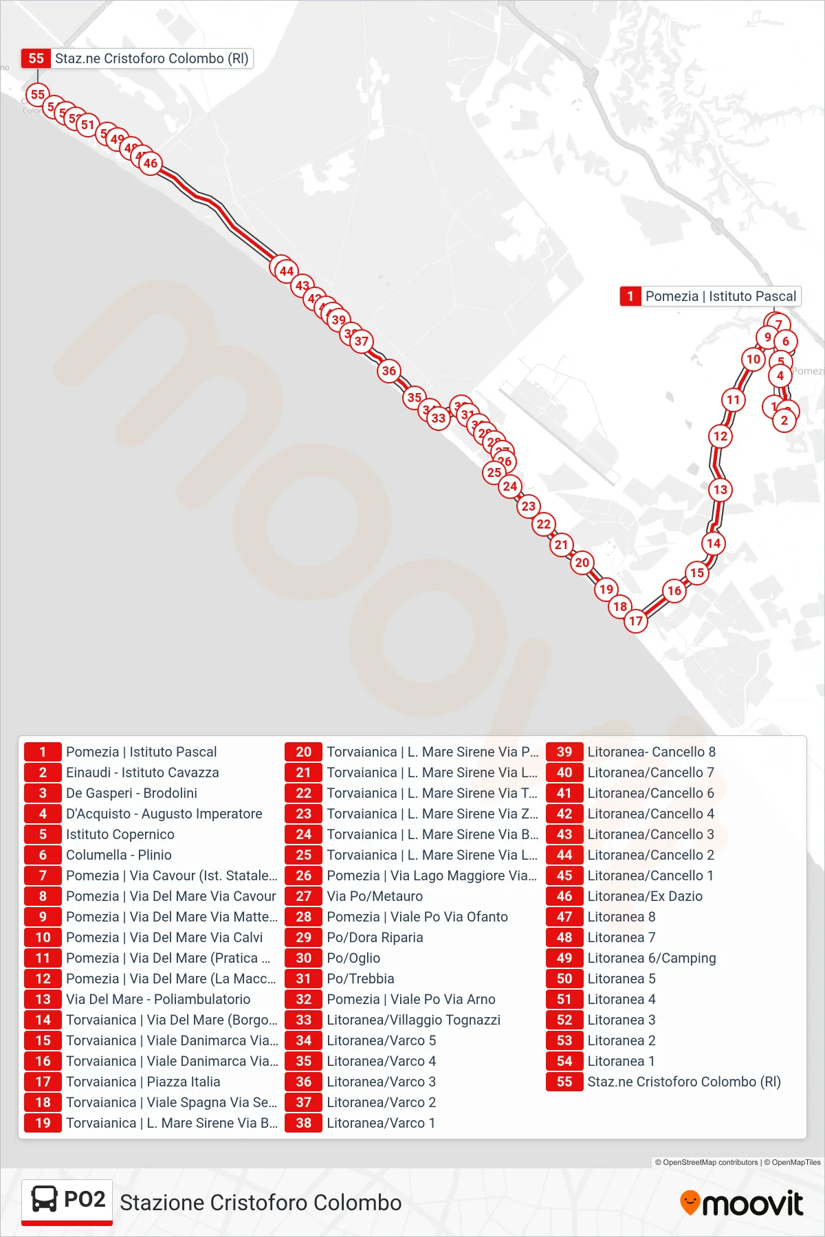 PO2 bus Line (Cristoforo Colombo Station) route and stops on a map