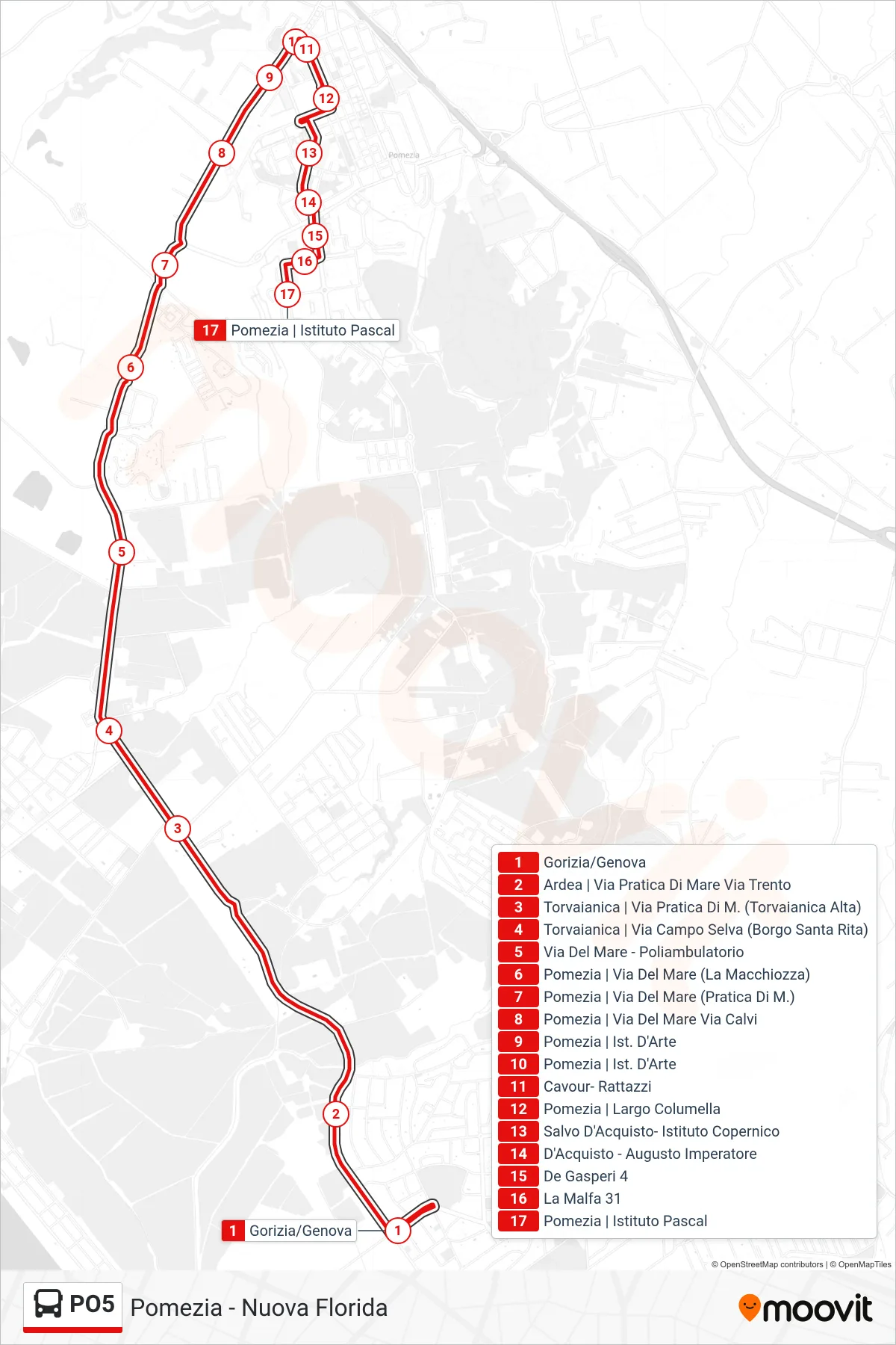 PO5 bus Line (Pomezia | Pascal Institute) route and stops on a map