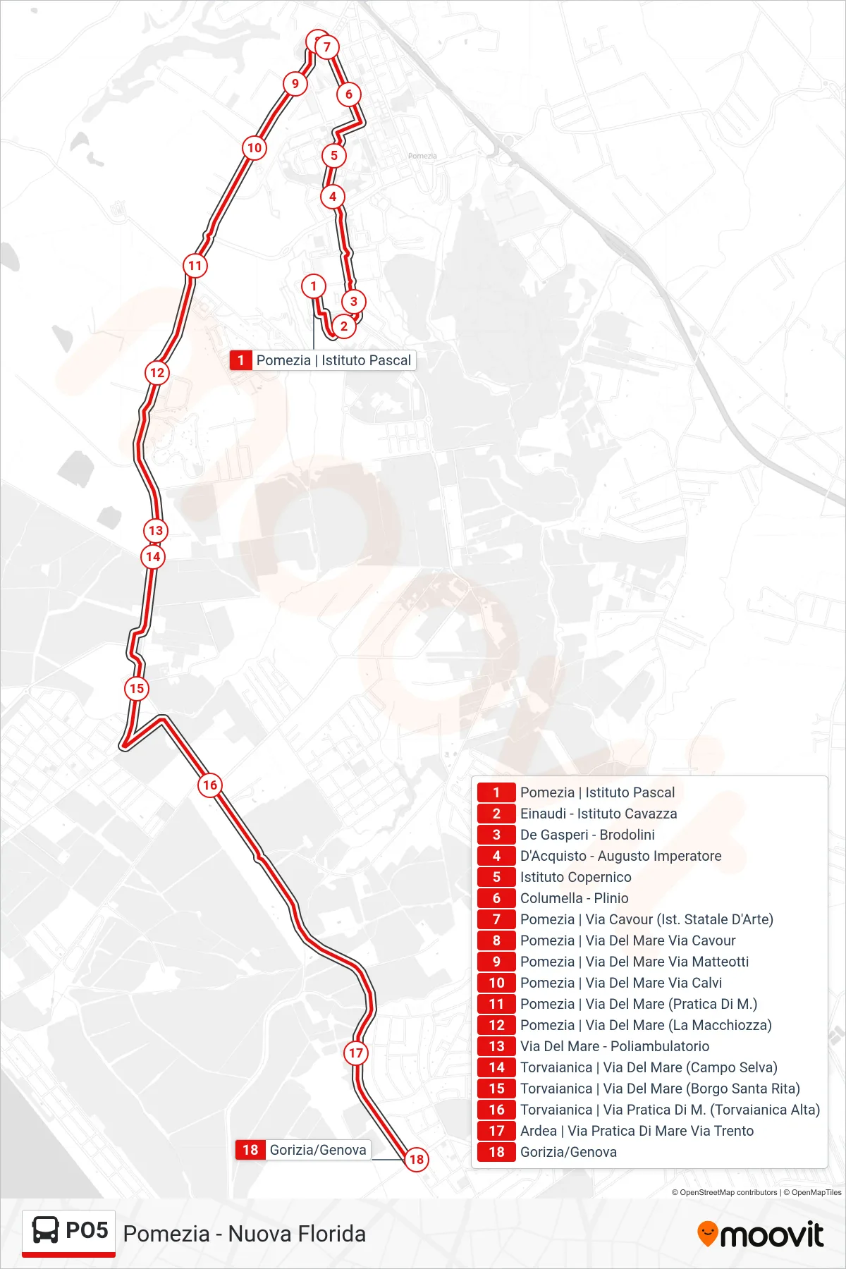 PO5 bus Line (New Florida) route and stops on a map