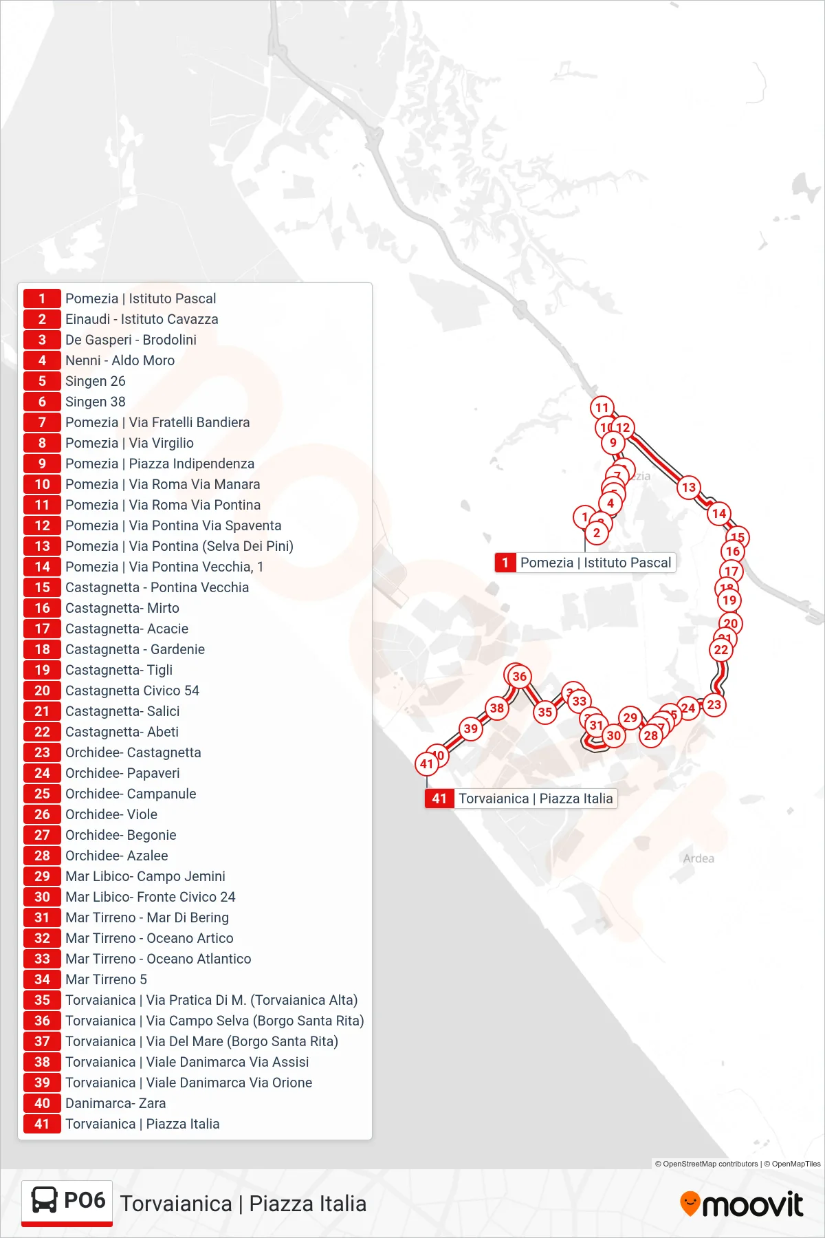 Linea PO6 bus (Torvaianica | Piazza Italia) - Percorsi e fermate sulla mappa