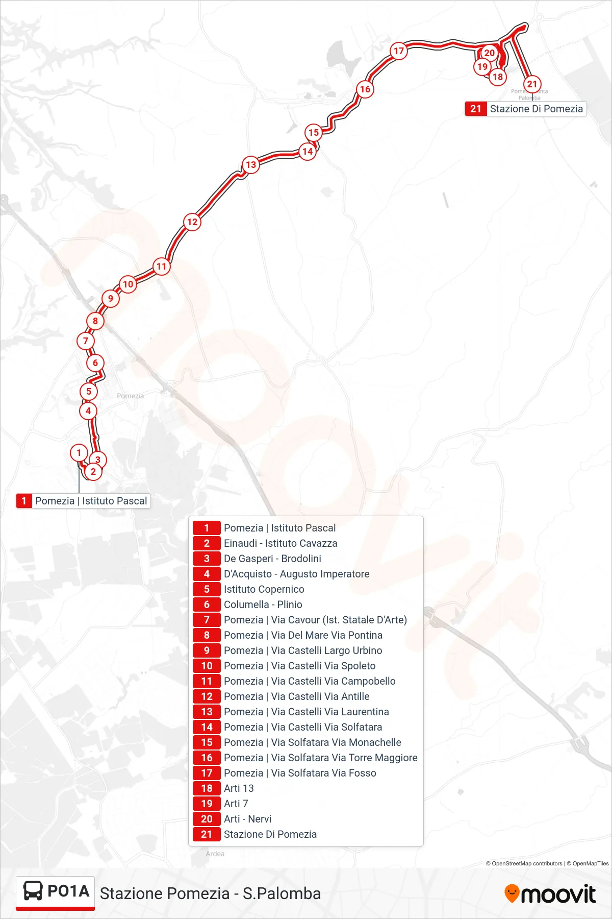 Linea PO1A bus (Stazione Pomezia - S.Palomba) - Percorsi e fermate sulla mappa