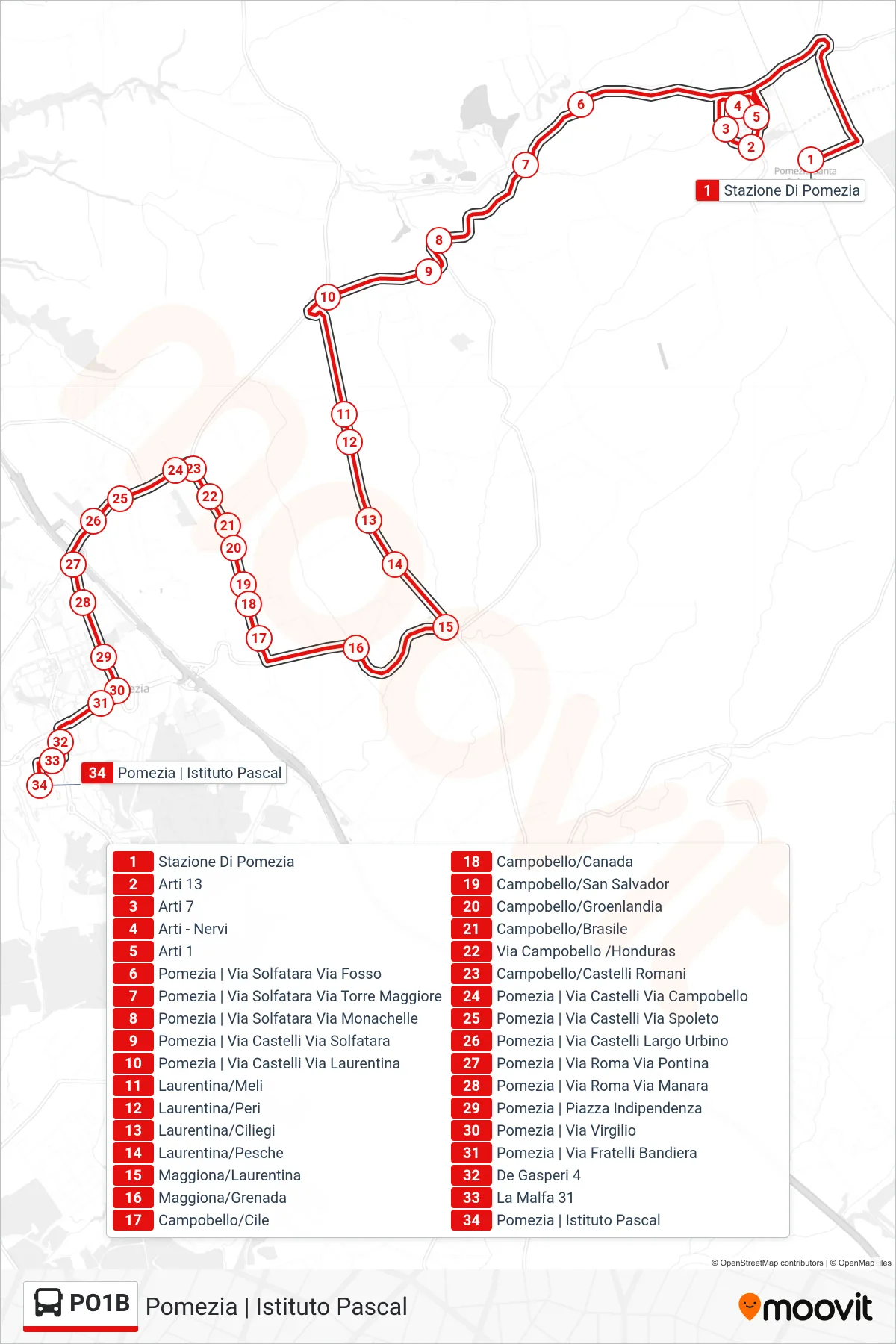 Linea PO1B bus (Pomezia | Istituto Pascal) - Percorsi e fermate sulla mappa