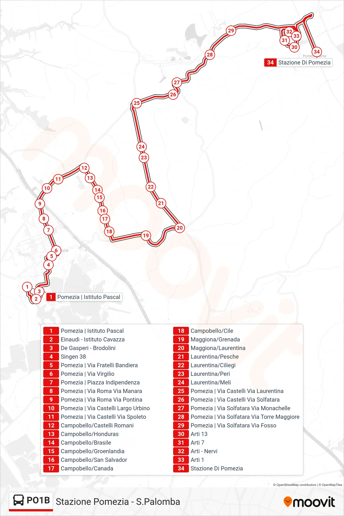 Linea PO1B bus (Stazione Pomezia - S.Palomba) - Percorsi e fermate sulla mappa