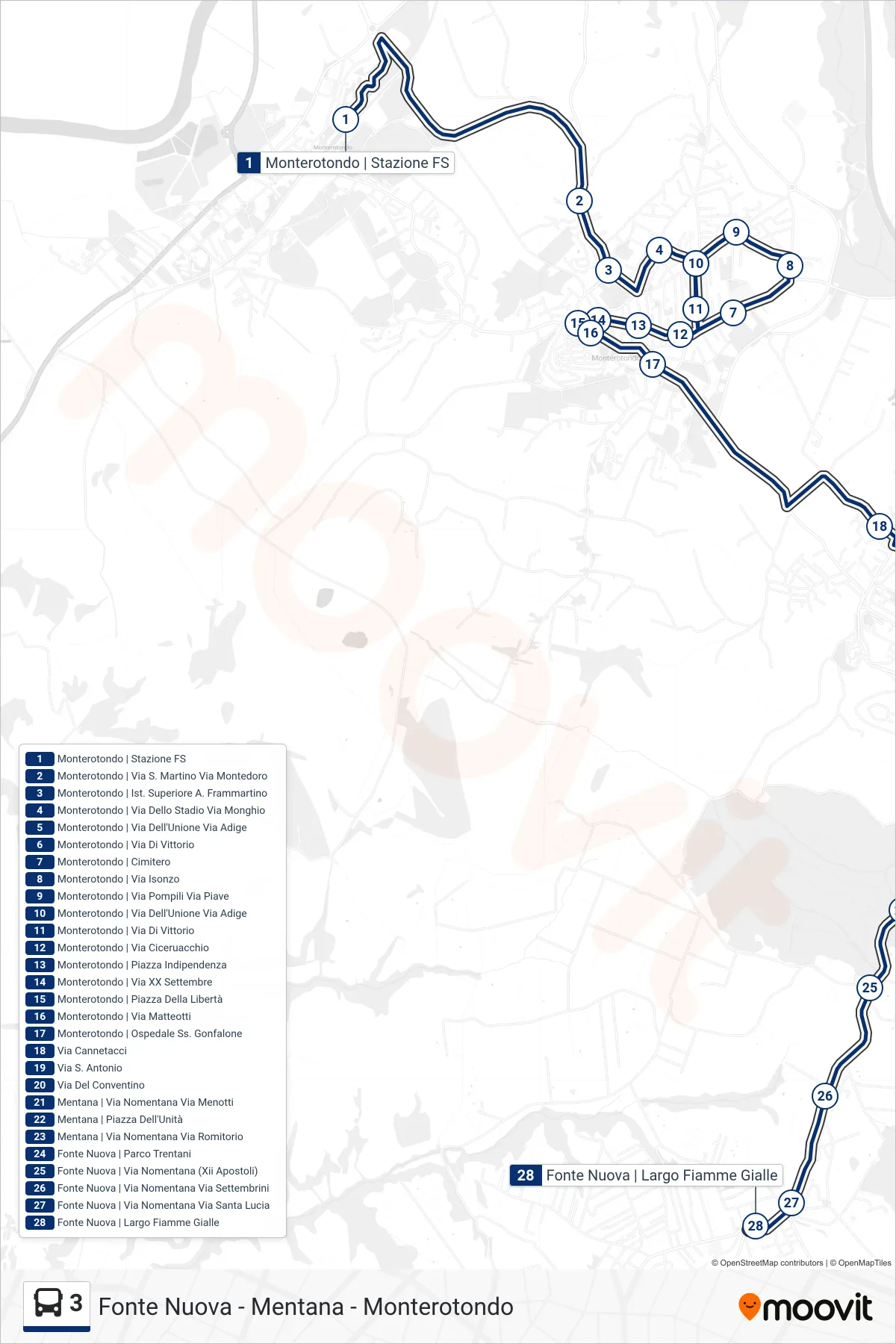 Linea 3  bus (Fonte Nuova | Largo Fiamme Gialle) - Percorsi e fermate sulla mappa