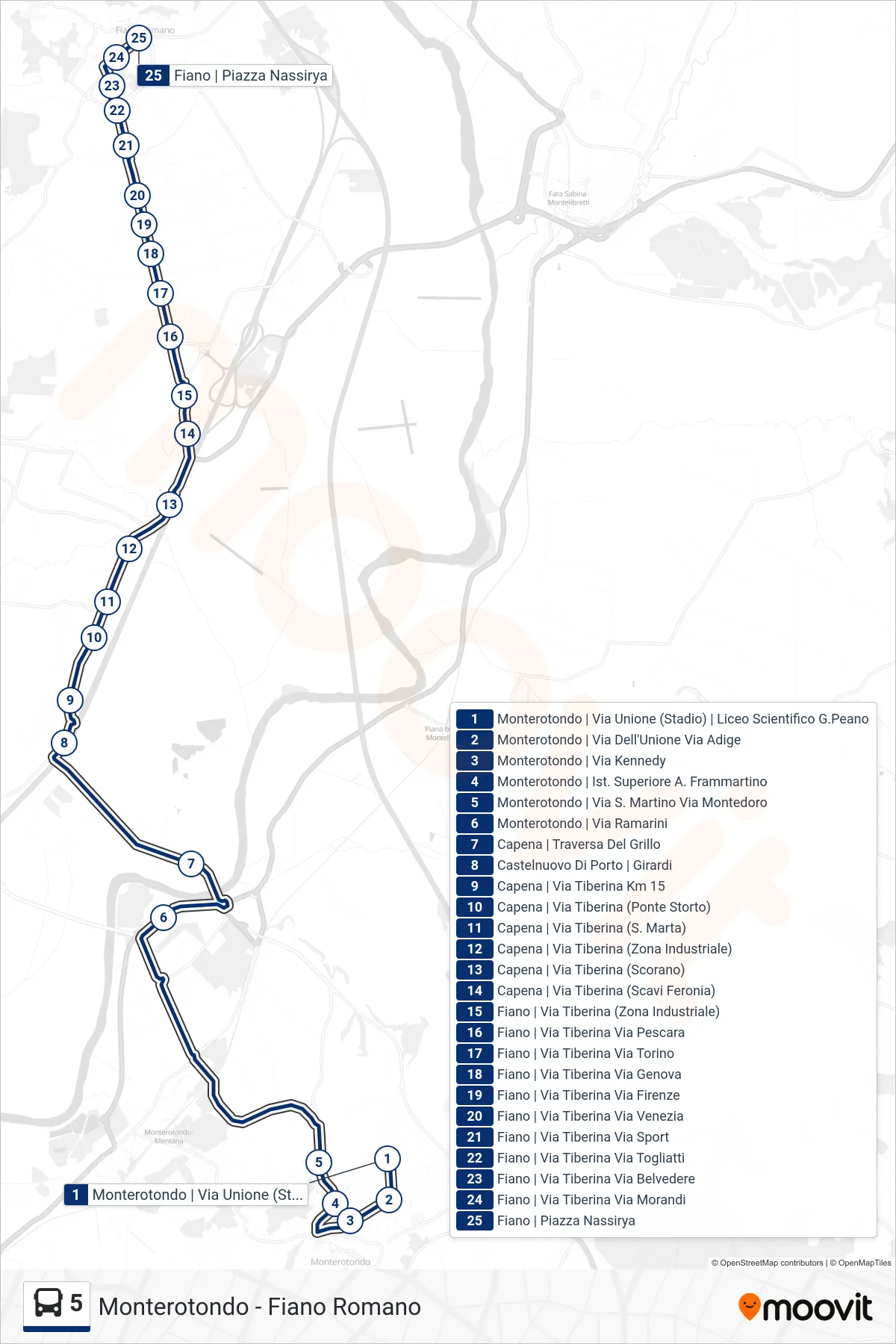 Linea 5 bus (Fiano | Piazza Nassirya) - Percorsi e fermate sulla mappa